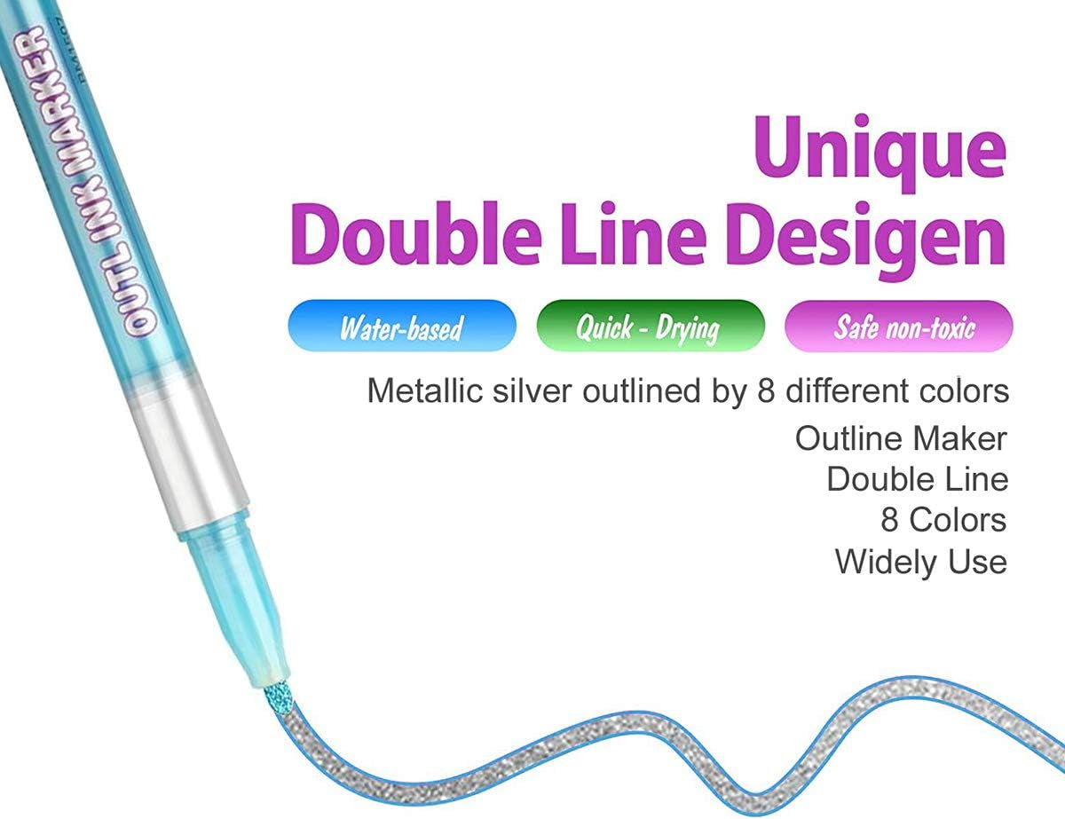 Outline Markers Pens, 8 Colors Double Line Markers Sel-Outline Metallic Markers Shimmer Markers for Art, Christmas, Greeting Cards, DIY, Scrapbook, Easter Egg