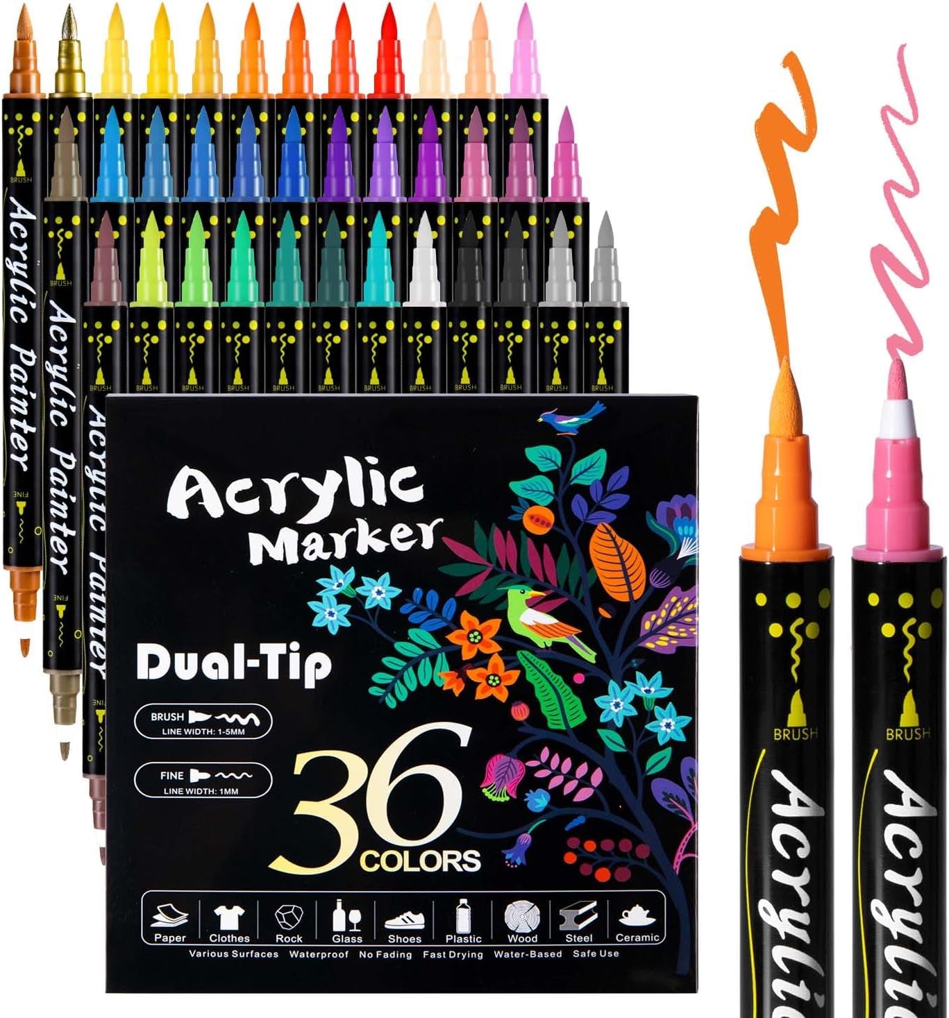 36 Colors Dual Tip Acrylic Paint Pens, Brush and Fine Tip Acrylic Paint Markers for Wood, Rock, Canvas, Glass, Ceramic, Plastic, Easter Egg Decorating, Card Making, DIY Crafts