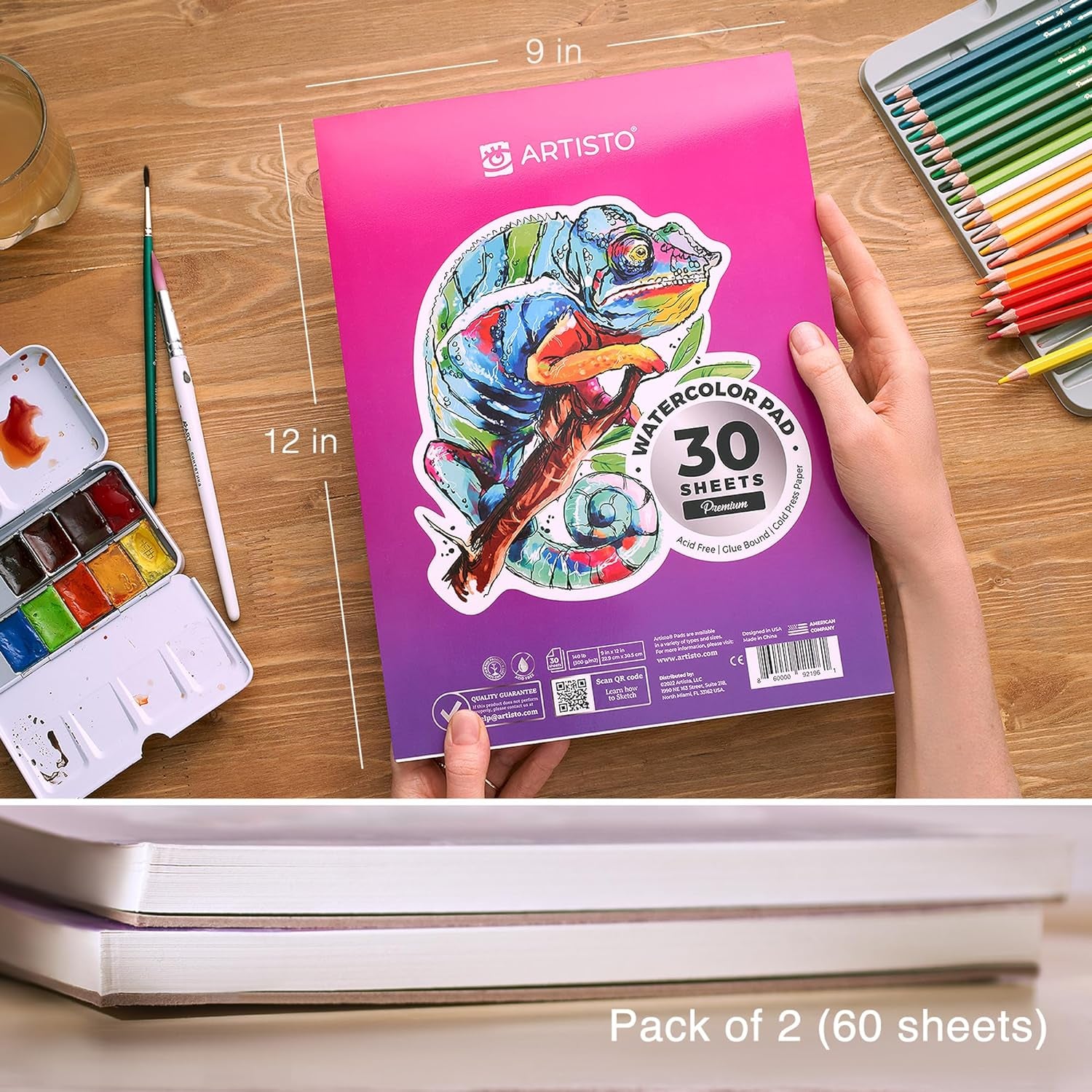 Watercolor Pads 9X12”, Pack of 2 (60 Sheets), Glue Bound, Acid-Free Paper, 140Lb (300Gsm), Perfect for Most Wet & Dry Media, Ideal for Beginners, Artists & Professionals