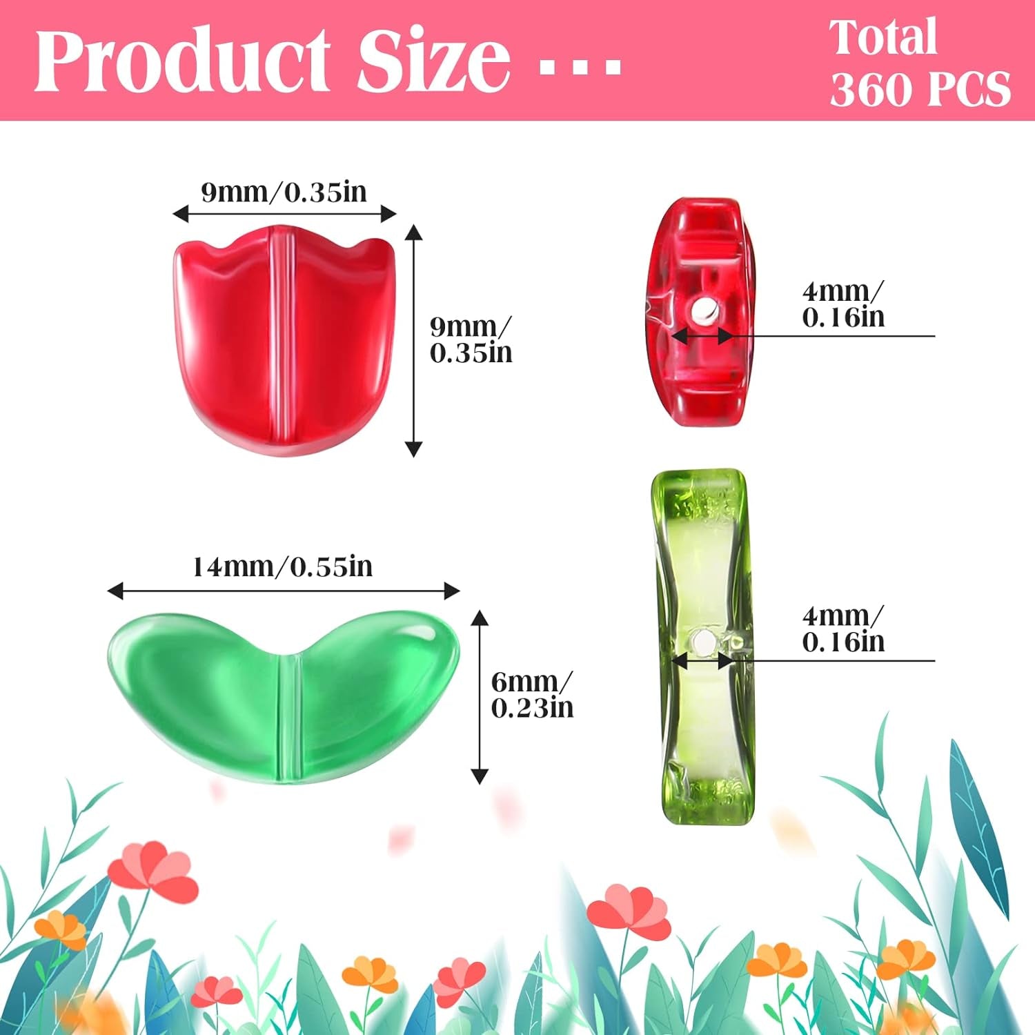 320 Pcs Colorful Translucent Tulip Flower Beads Handcrafted Tulip Glass Spacer Bead Crystal Loose Glass Flower Beads for Jewelry Making Earring Bracelet DIY Craft Spring Summer Gifts