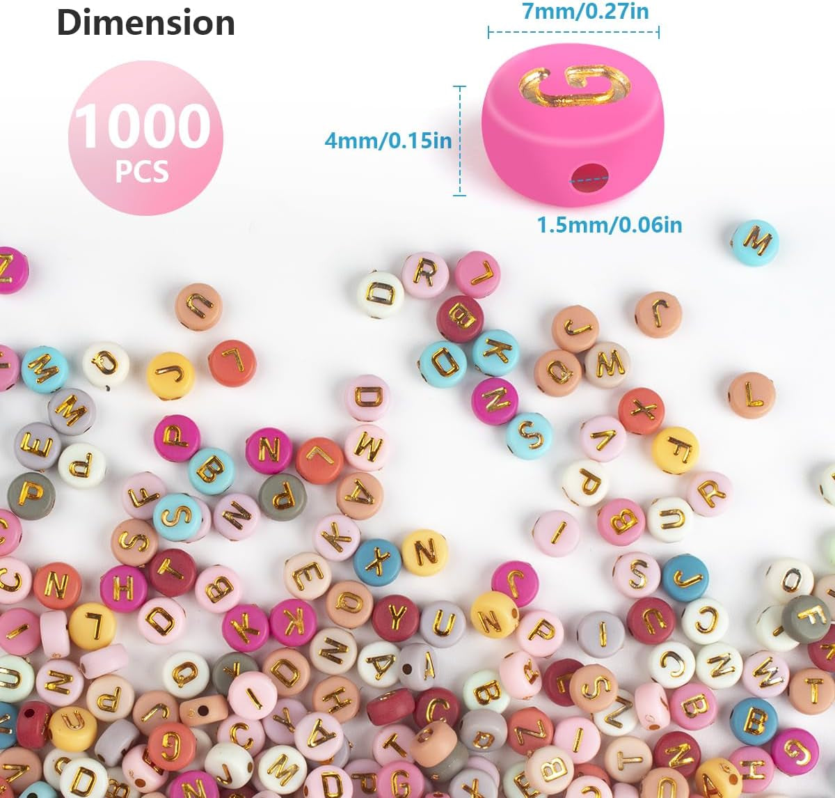 1000PCS Colourful Letter Beads for Threading, 4 X 7 MM, A-Z White Letter Beads and Colourful Heart Beads, Acrylic round Beads for Jewellery DIY Making Crafts Bracelets Necklaces Ornaments-Gold