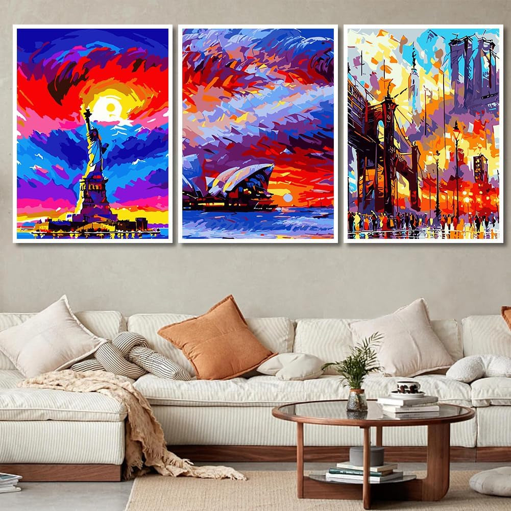 6 Packs Abstract Paint by Number for Adults Canvas, Easy Acrylic Landscape Paint by Numbers Kit for Adults Beginner, World Famous Scenic Spots Oil Painting Kits, Gifts Wall Decor 7.8X11.8Inch