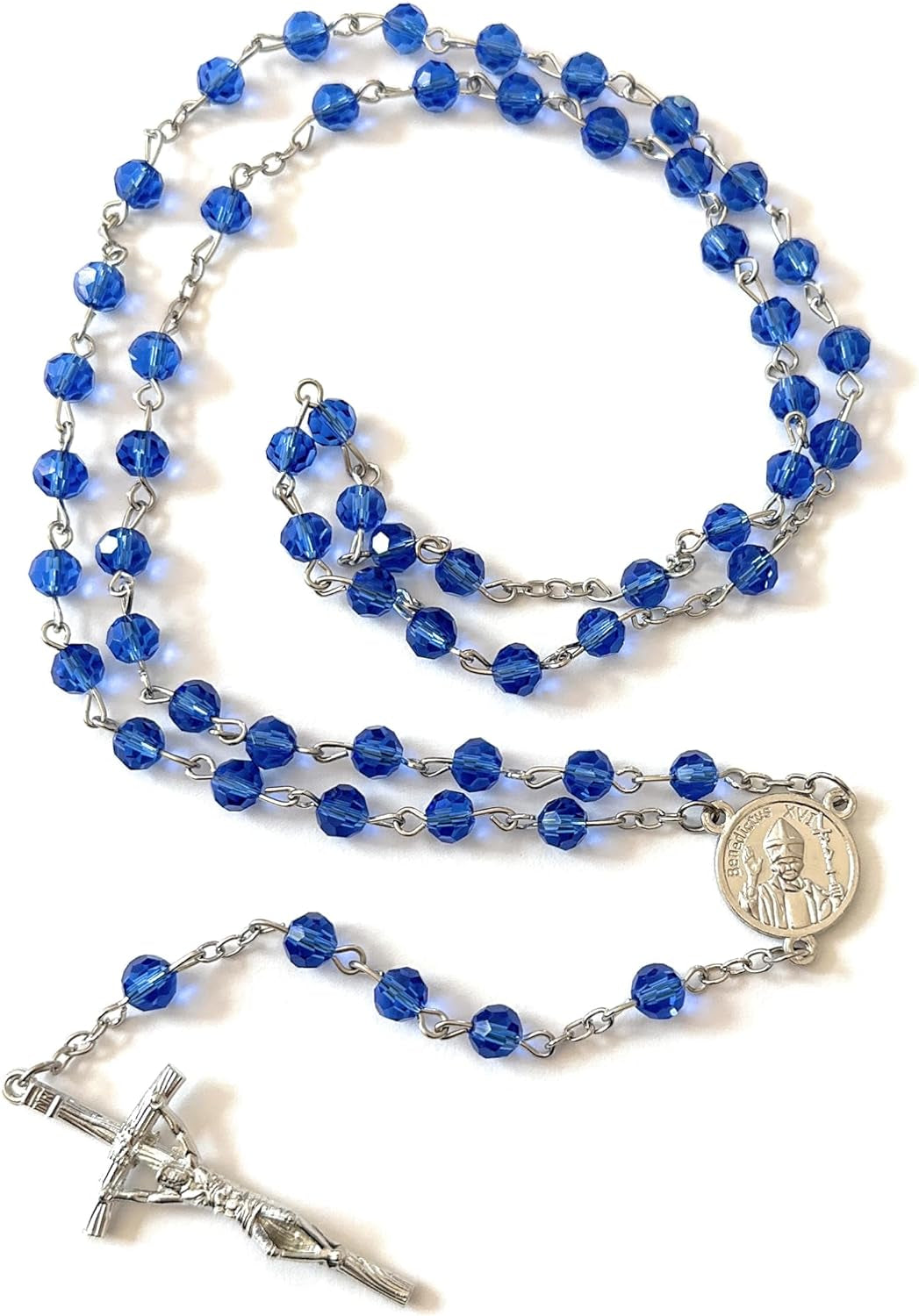 Made in Italy Blue Rosary Blessed by Pope Francis Vatican Rome Holy Father Crystal Glass Beads with Silver Toned Base Papal Cross Crucifix Blessing