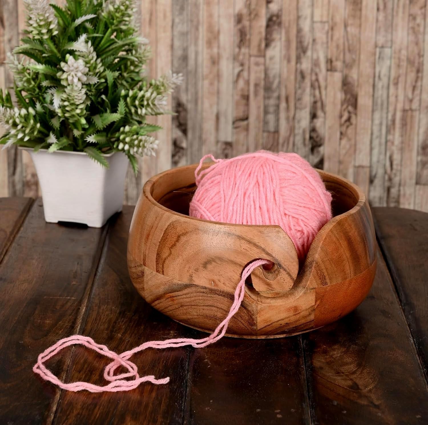 Acacia Wood Wooden Yarn Bowl for Crocheting &amp; Knitting Hand Made by Indian Artisans Birthday Gifts for Mom &amp; Knitting Lovers (6" X 6" X 3")