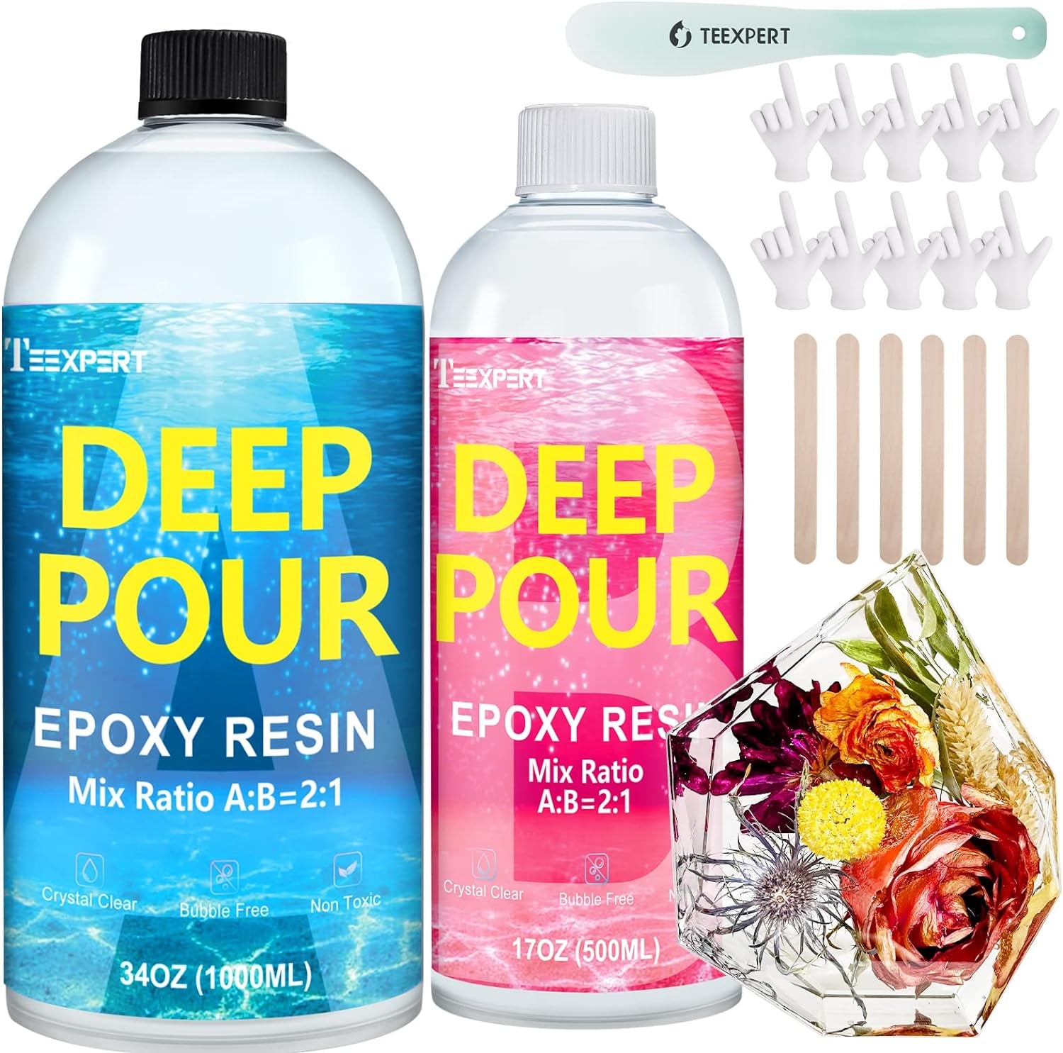 Deep Pour Epoxy Resin, 51Oz Epoxy Resin Kit for 2-4" Pour Depths, Crystal Clear & High Gloss, Bubble-Free Casting Resin for Flower Preservation, River Tables and Mold Crafts - 2:1 Mix Ratio
