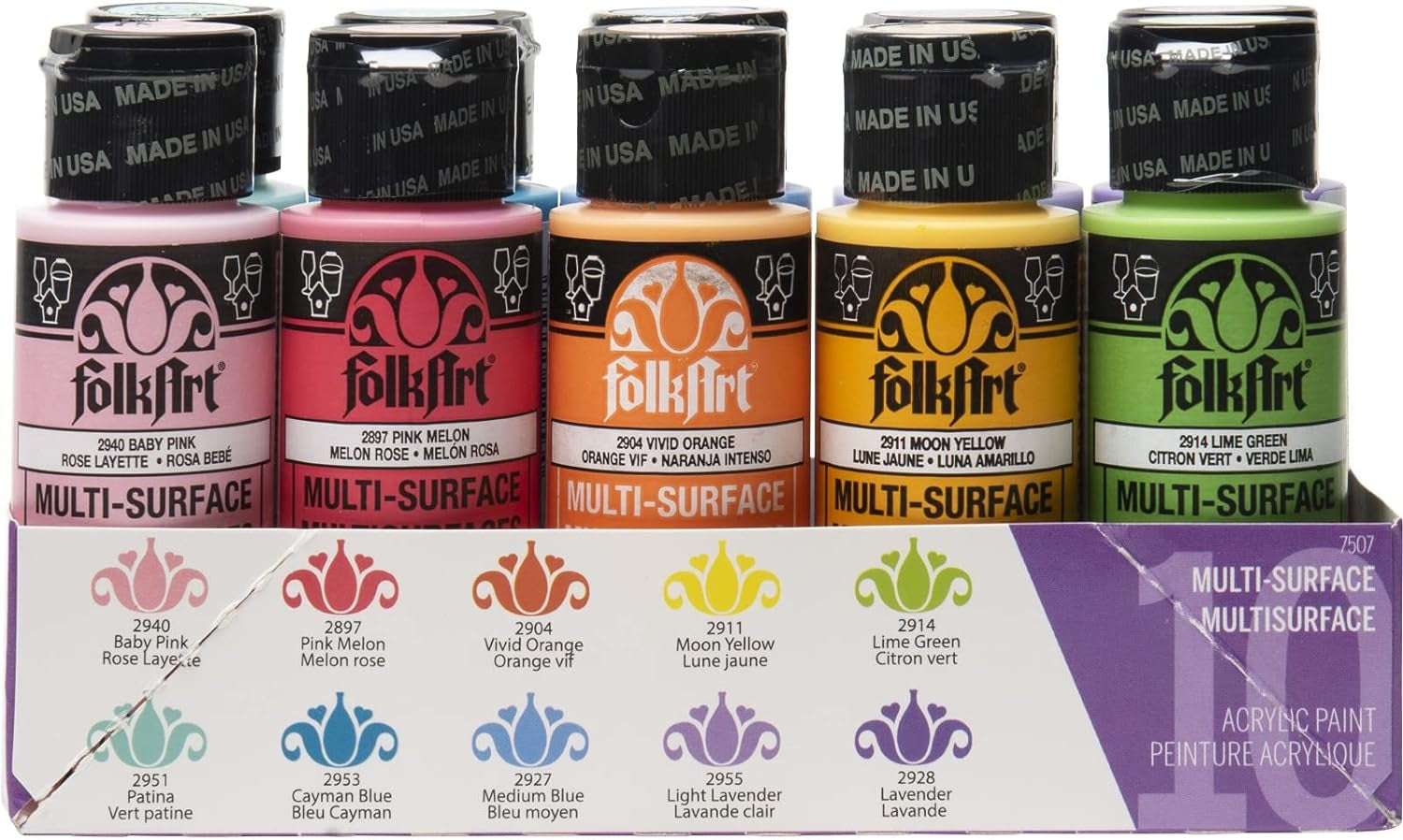 Color, 10 Bottle Multi-Surface Acrylic Paint Set, 2Oz, Brights