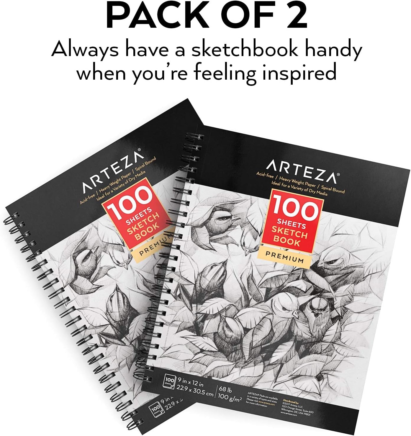 Sketch Book 2-Pack, 9X12 Inches, 200 Sheets, 100 Sheets Each Drawing Book, 68 Lb, 100Gsm Paper, Spiral Bound Artist Sketch Pad, Durable Acid Free Drawing Pad, for Adults and Teens, Bright White