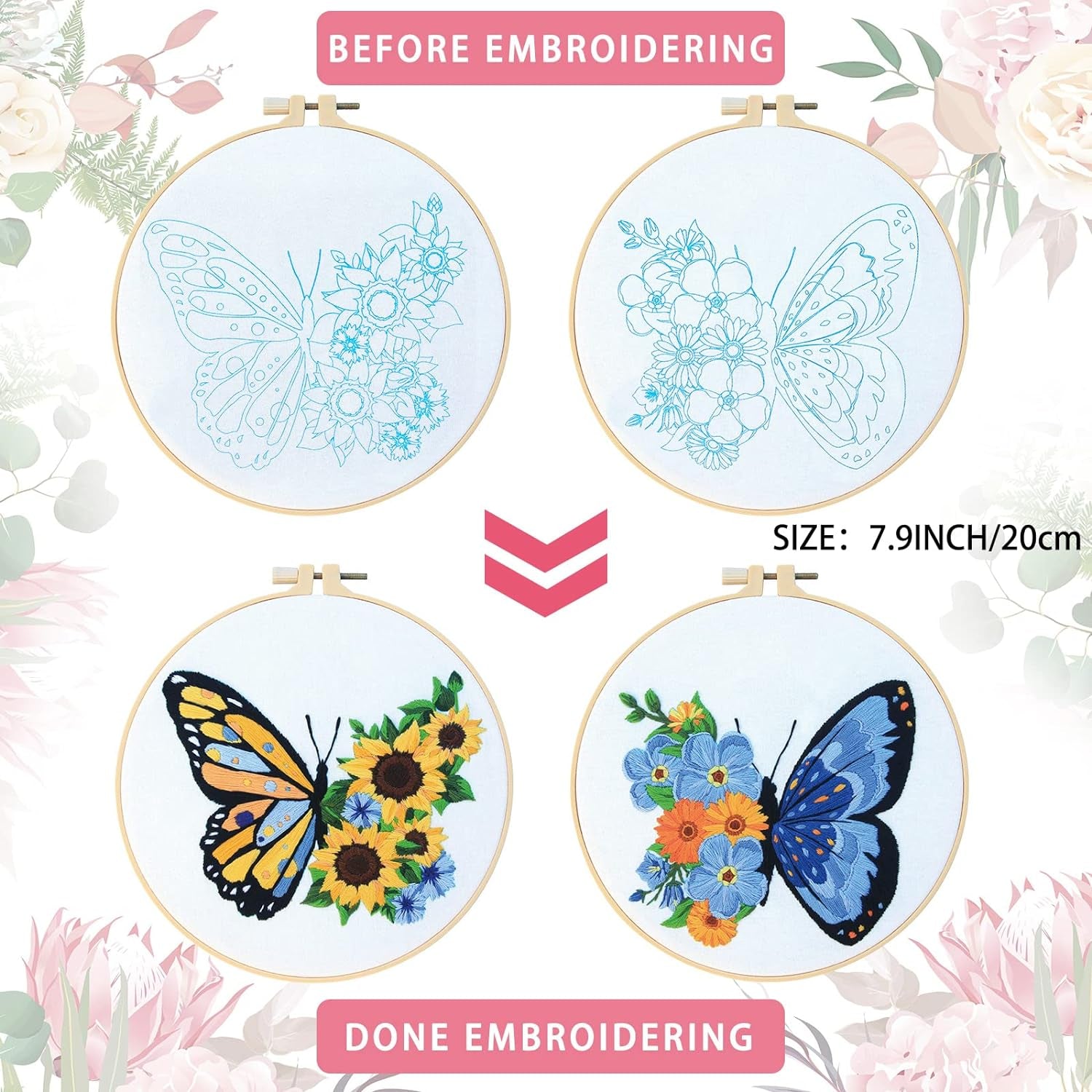 5 Sets Embroidery Beginners Kit with Butterfly Flower Patterns and Instructions Cross Stitch Kits for Starter DIY Adult Kids Butterfly Pattern Embroidery Set with Cloth Hoops Needles Threads