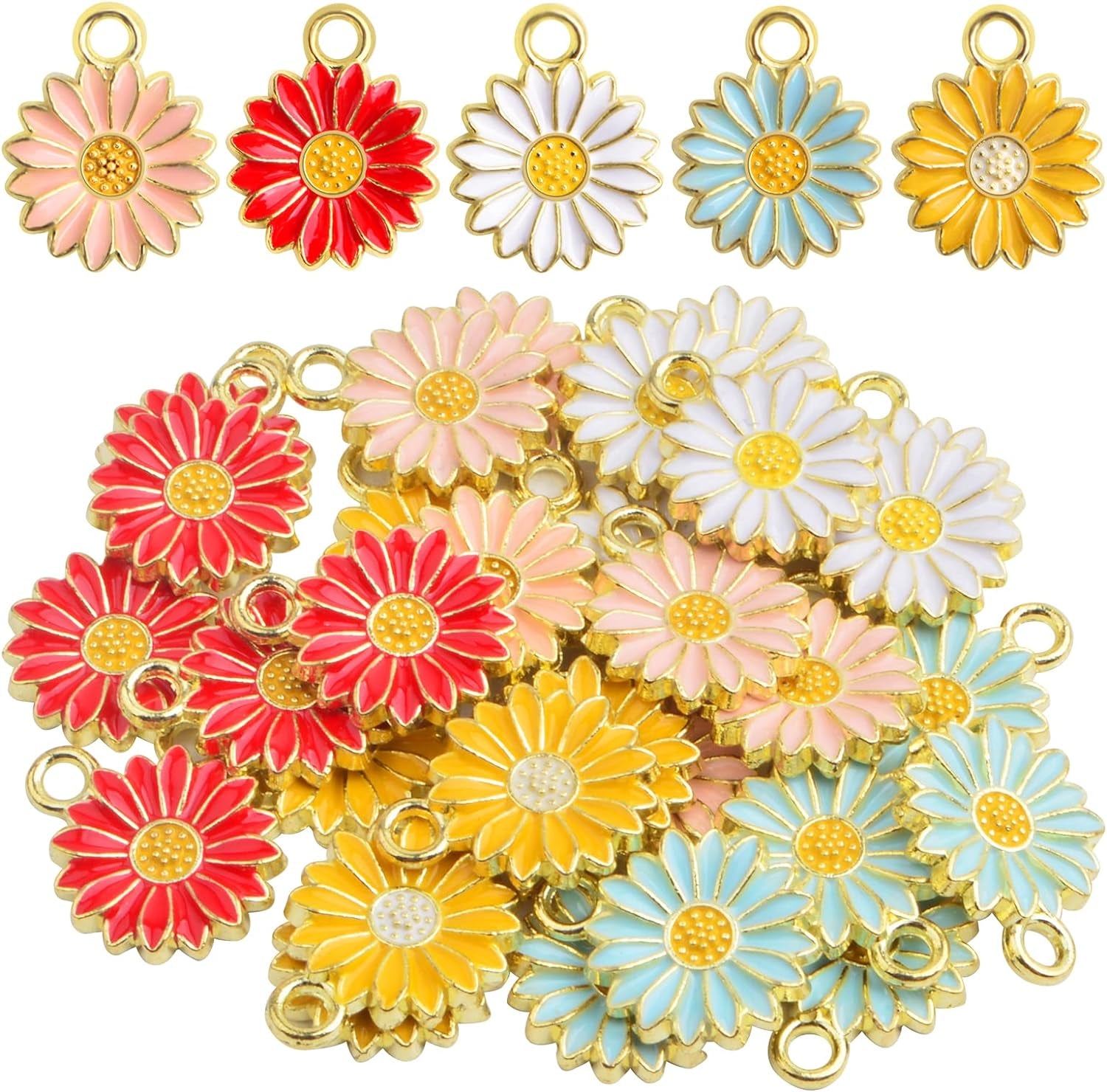 30Pcs Golden Plated Enamel Sunflower Pendant Charms Alloy Sunflower Daisy Flower Dangle Charms Craft Supplies for DIY Necklace Bracelet Earrings Jewelry Making, 5 Colors
