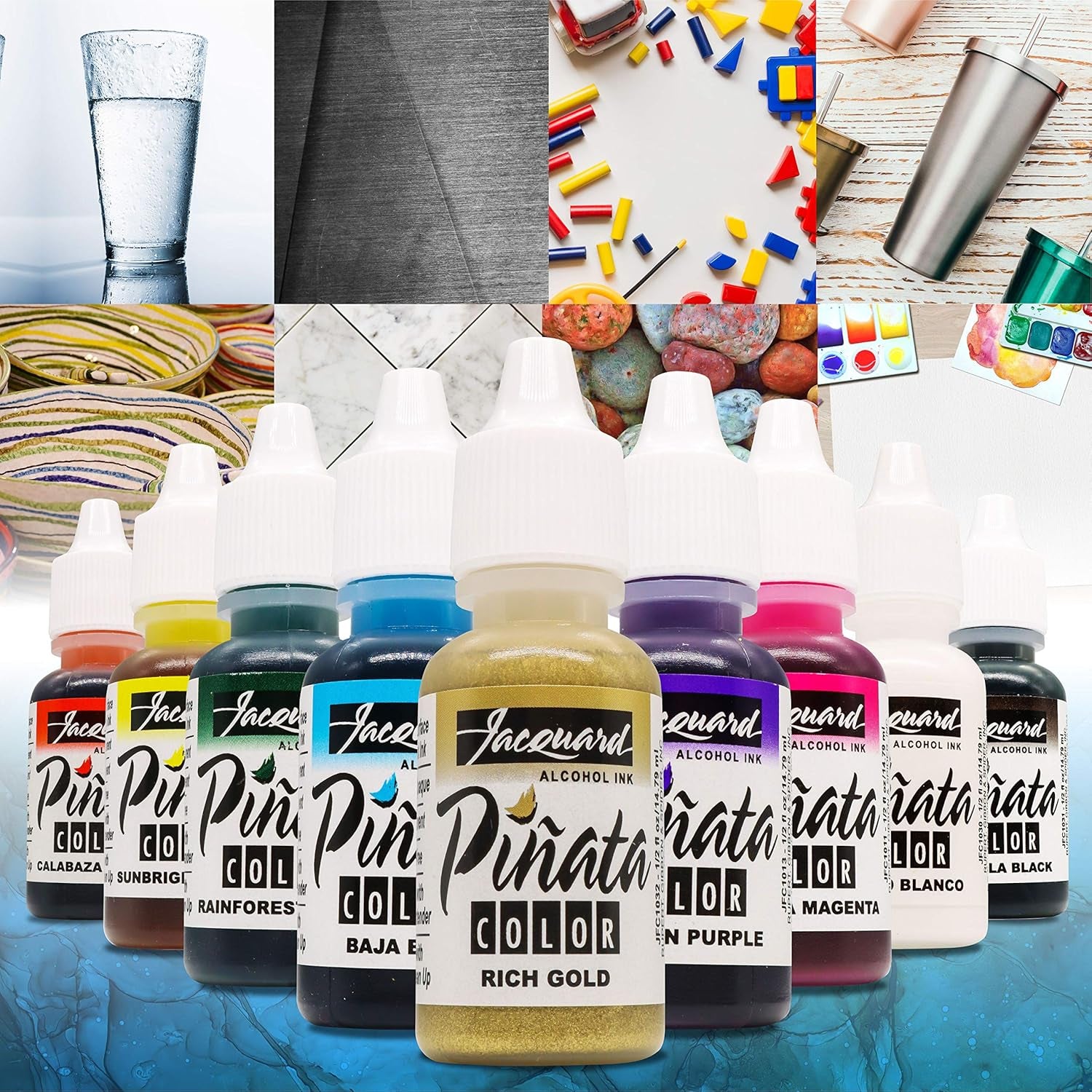 Jacquard Piñata Alcohol Ink Made in USA - Original Exciter Pack - 9 Colors - 1/2 Ounce Bottles - Bundled with  Blending Pen