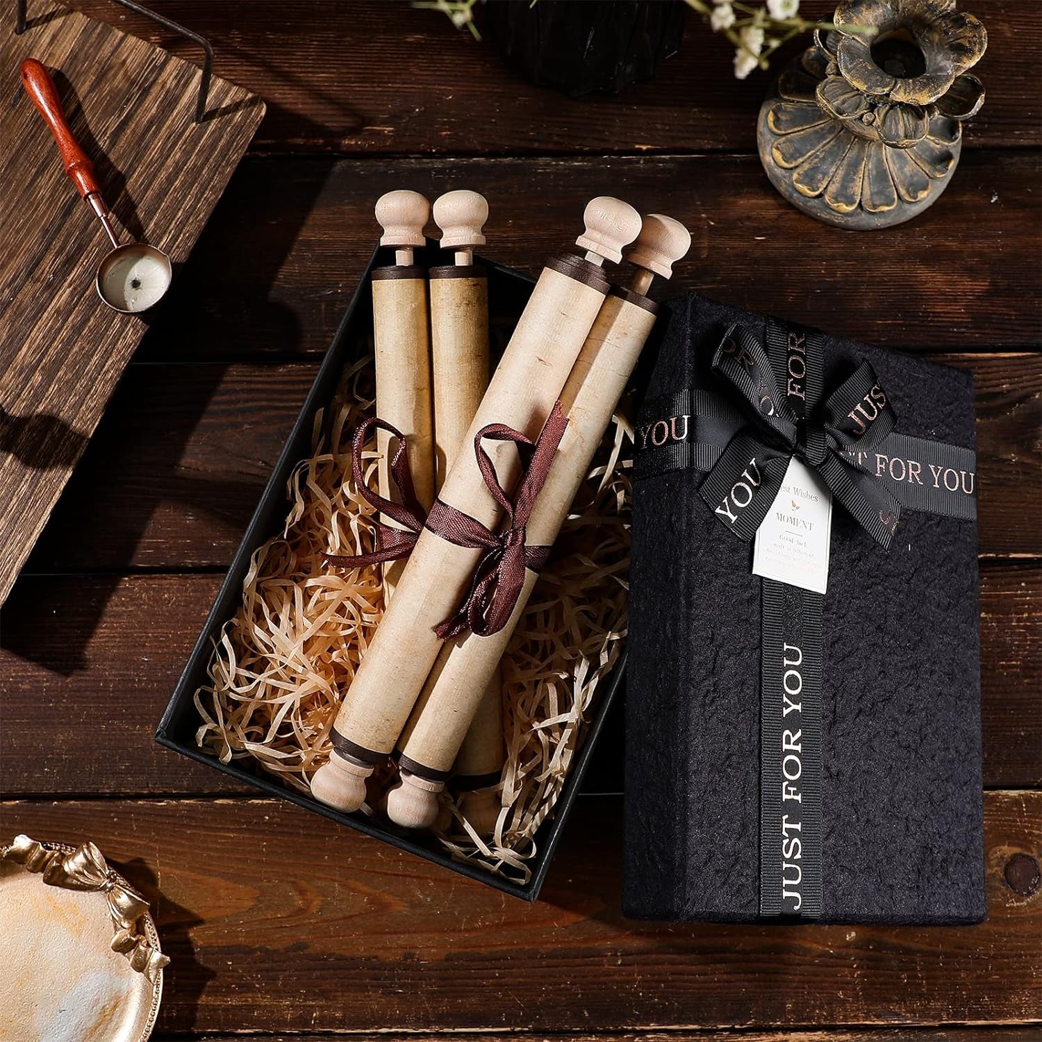 3 Pcs Vintage Blank Paper Scroll 7.28 X 30-32 Inches on Wood Rods Long Aged Scroll Paper Quick Drop Blank Scroll for Writing Drawing, Handwritten Calligraphy