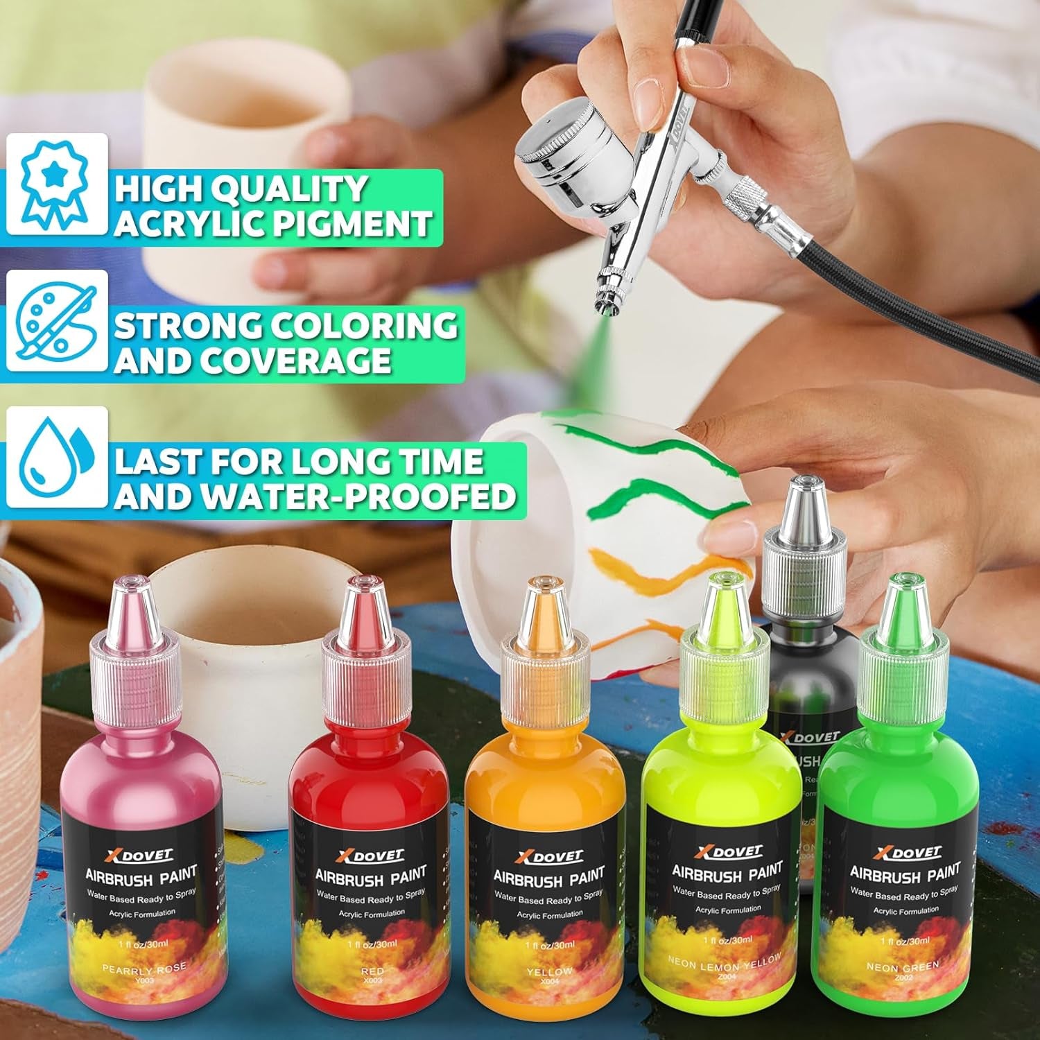 Airbrush Paint, 28 Colors Airbrush Paint Set (30 Ml/1 Oz), Ready to Spray, Opaque &amp; Neon Colors, Water-Based, Premium Acrylic Airbrush Paint Kit for Beginners, Hobbyist and Artists