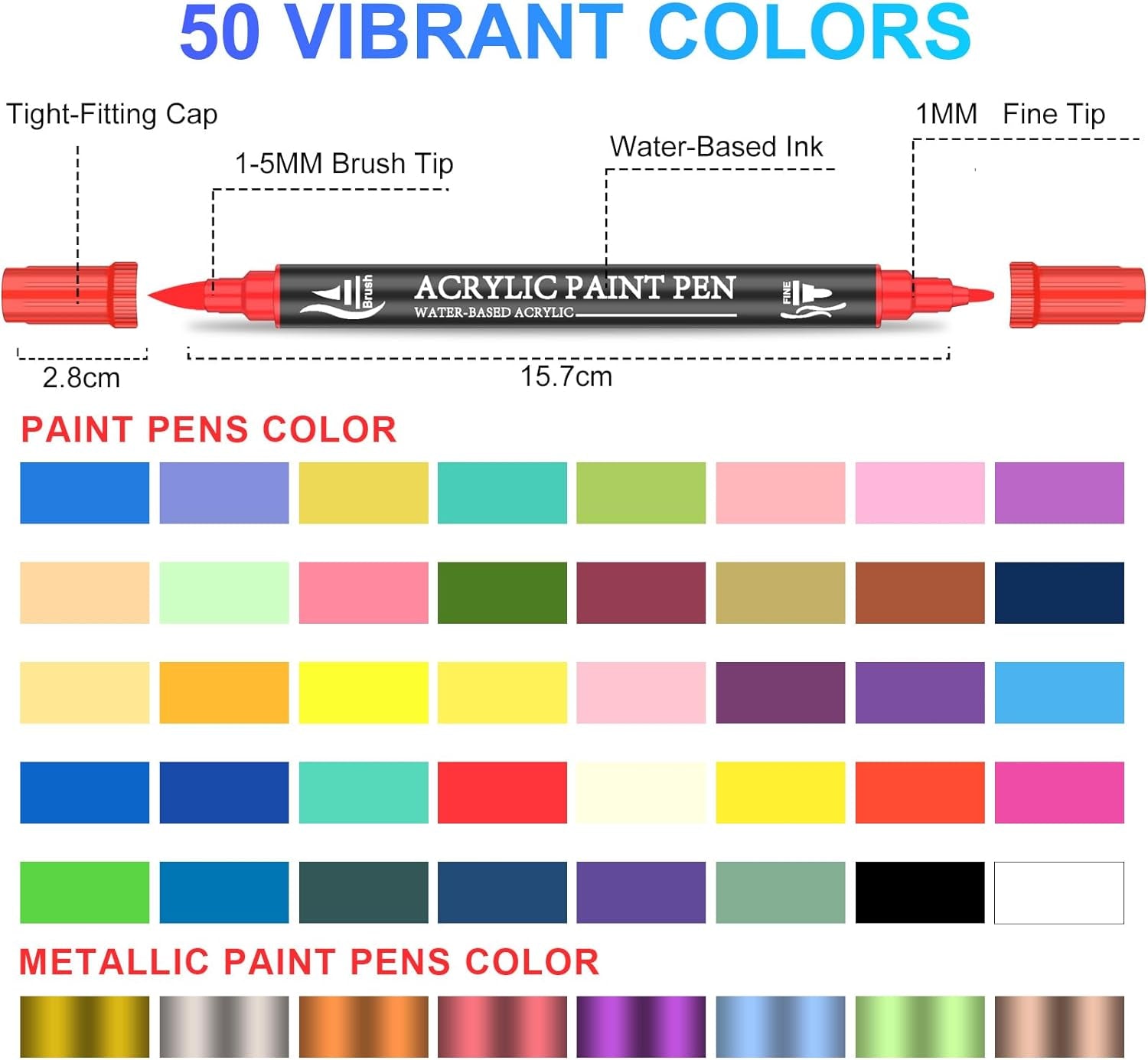 Acrylic Paint Pens, 50 Colors Dual Tip Markers with Fine and Brush Tip, Premium Marking Pens Set for Rock, Wood, Plastic, Fabric Painting and DIY Crafts