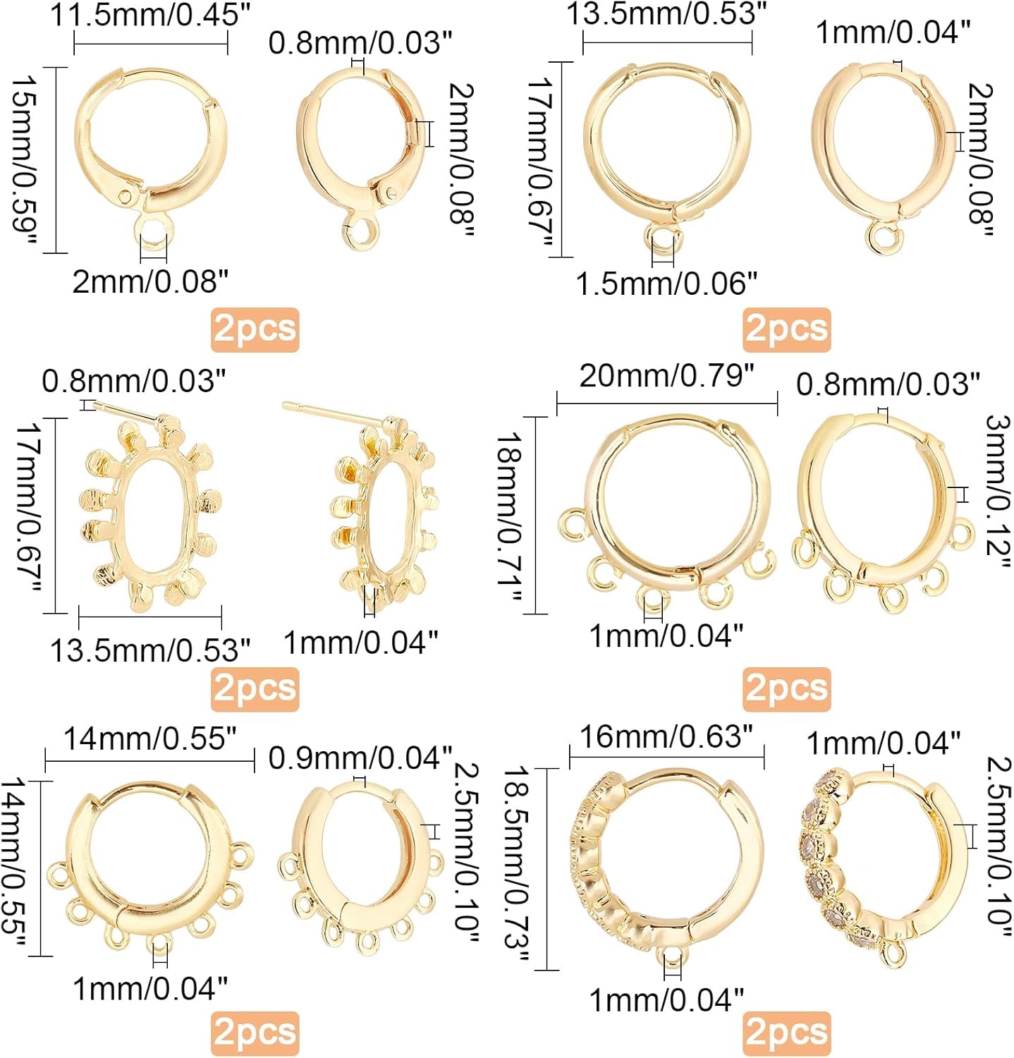 18K Gold Plated Huggie Hoop Earrings, 12Pcs Brass Stud Earring Findings Small Gold Hoop Jewelry Earrings Hooks with Loop for Women DIY Earring Crafts Making, Hole 1~2Mm