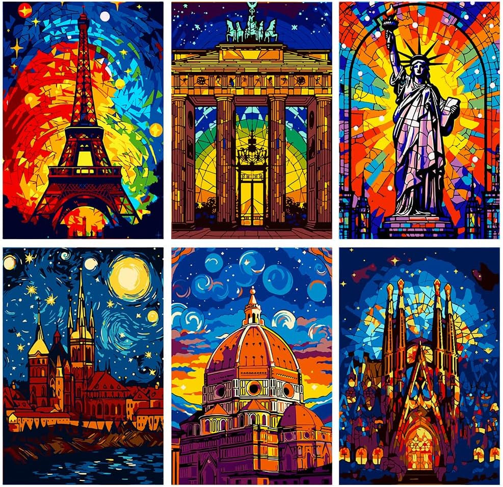 6 Packs Abstract Paint by Number for Adults Canvas, Easy Acrylic Landscape Paint by Numbers Kit for Adults Beginner, World Famous Scenic Spots Oil Painting Kits, Gifts Wall Decor 7.8X11.8Inch