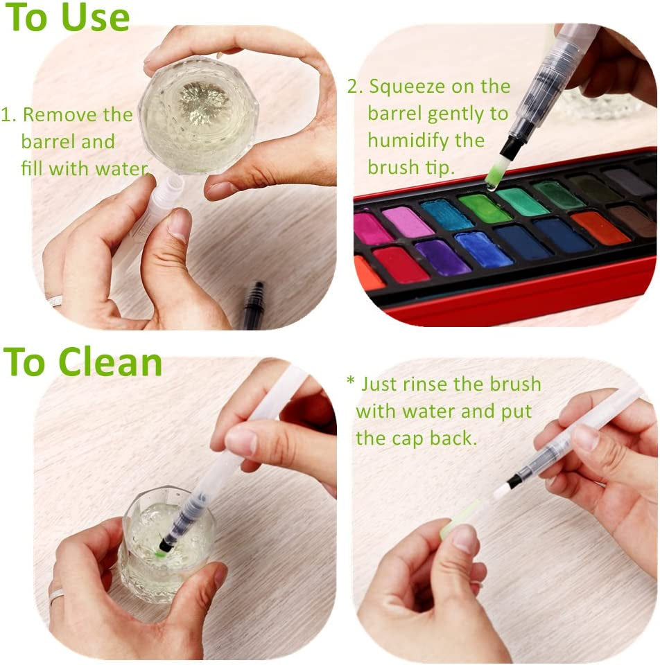 Water Color Brush Pen Set:  Set of 6 Watercolor Paint Brushes for Water Soluble Colored Pencil Watercolor Water-Base Markers Powdered Pigment Watercolor Paints Ideal for Adults Teens Artists