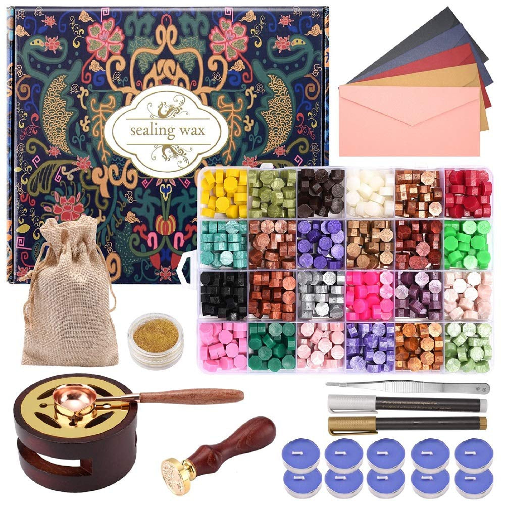 Wax Seal Stamp Kit with Gift Box, 24 Colors and 624 Pcs Wax Seal Beads with Wax Seal Stamp, Sealing Wax Warmer, Wax Seal Metallic Pen and Envelope, Wax Seal Kit for Gift and Decoration