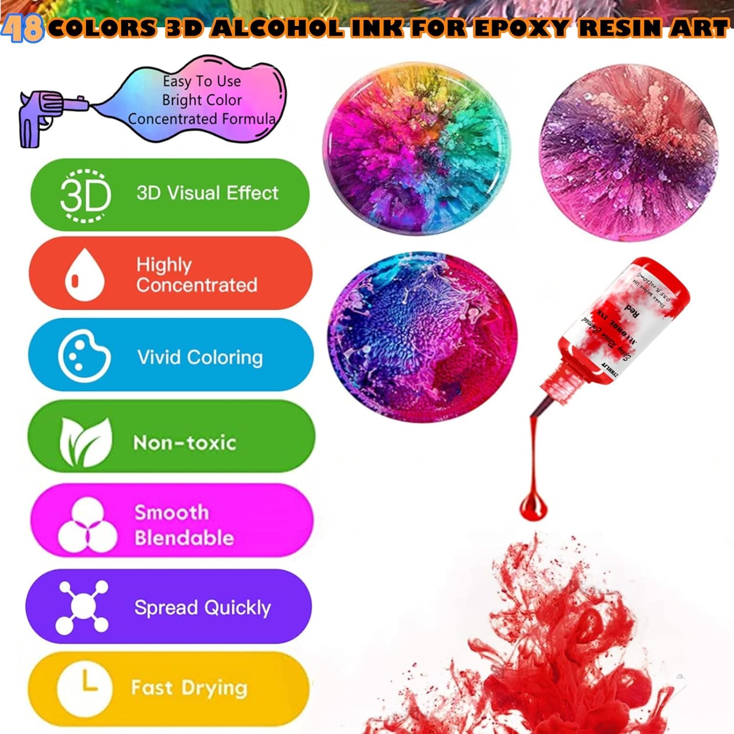 Alcohol Ink Set – 48 Bottles Vibrant Colors High Concentrated Alcohol-Based Ink, Concentrated Epoxy Resin Paint Colour Dye, Great for Painting,Resin Petri Dish, Coaster,Tumbler Cup Making,(10Ml Each)