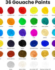 Gouache Paint Sets for Artists, Adults & Kids - 36 Gouche Tubes (0.4Oz, 12Ml), 10 Painting Brushes, Knife, Sponge & Palette - Guache Watercolor Paint in Classic, Pastel & Metallic Colors