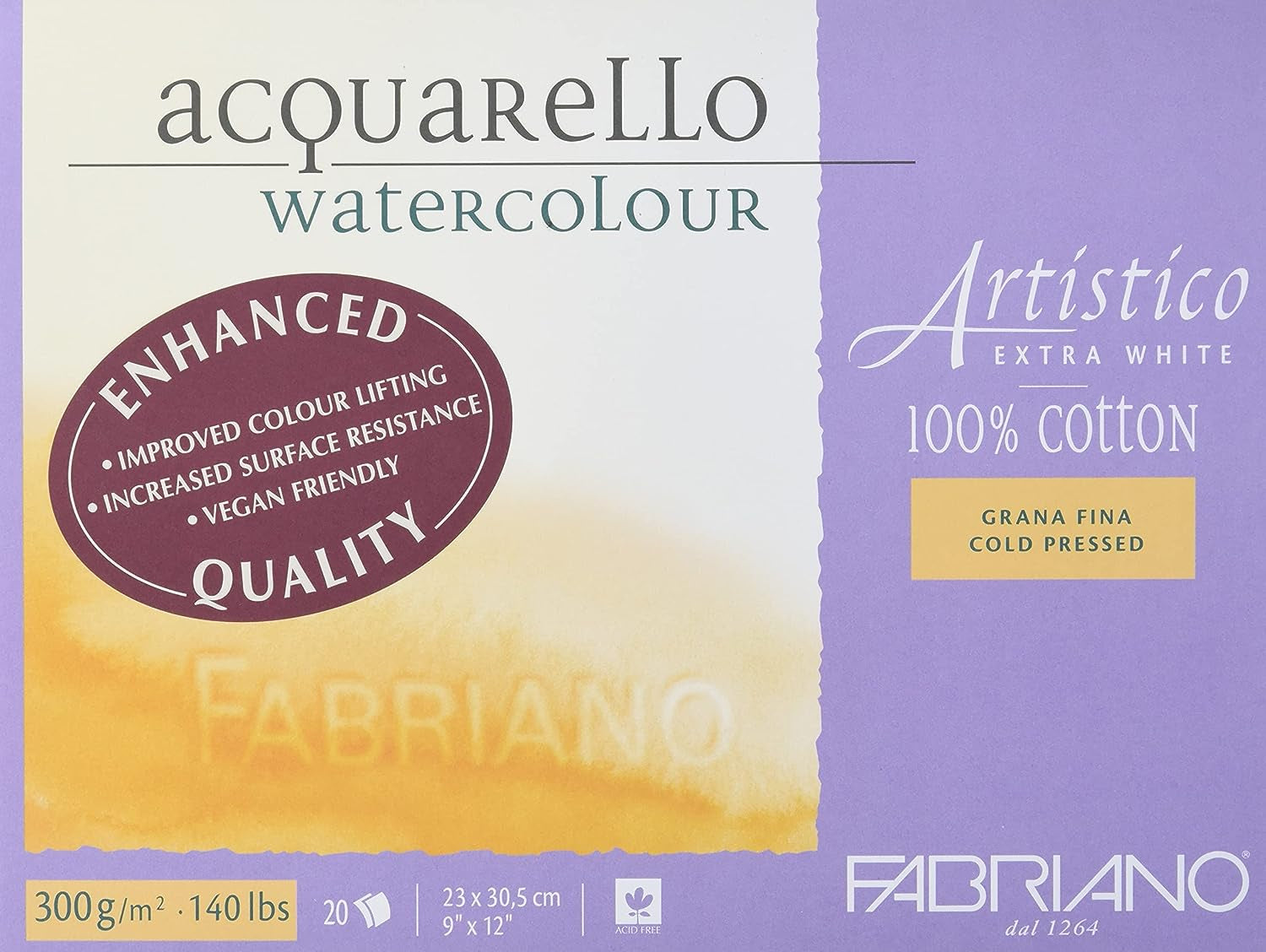 Fabriano Artistico Acquarello, Extra White, Fine Grain, Cold Pressed, 23 X 30.5 Cm, 20 Sheets, 300 G/M², Artists' Watercolour Cardboard, Pad Glued on 4 Sides, 23 X 30,5 Cm