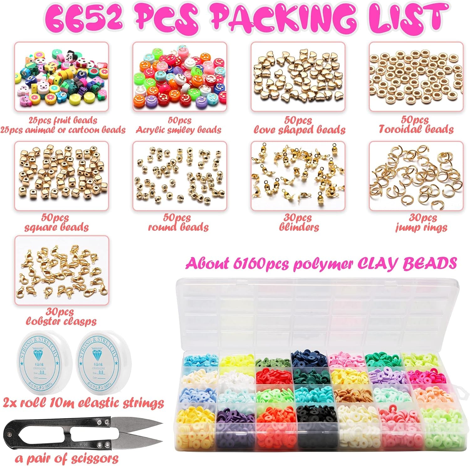 6552 PCS Complete Beads Jewelry Making Kit, 28 Colors Flat Polymer Clay Heishi Beads, Cartoon Fruit Beads, Roll Elastic Strings Other Kinds Space Beads Scissors for Beginner Experiencer