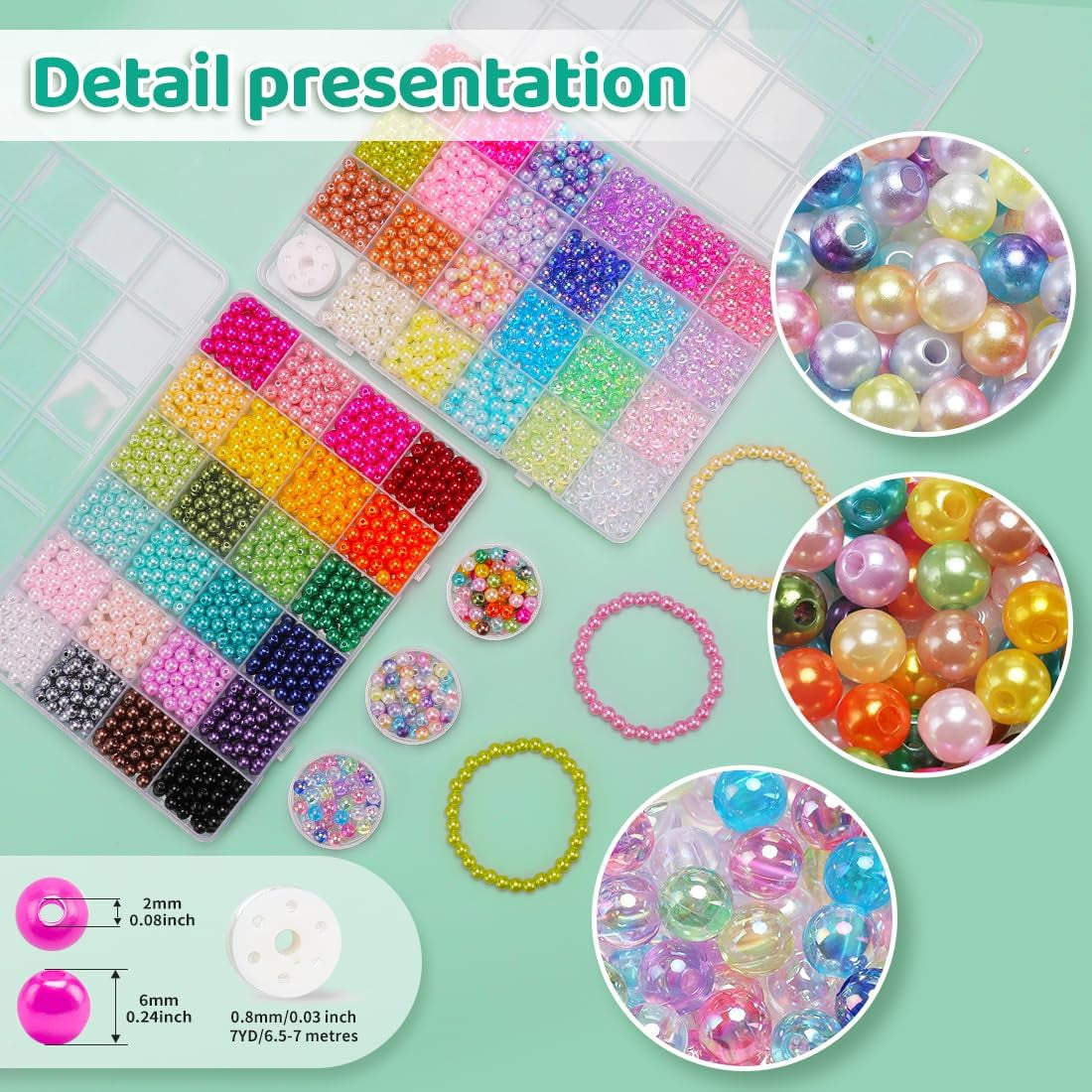 2400Pcs Pearl Beads, Beads, 47 Colors Beads for Beacelets, Multicolor Bracelet Making Kit round Beads for Jewelry Making with Elastic String, DIY Crafts Beads Set.