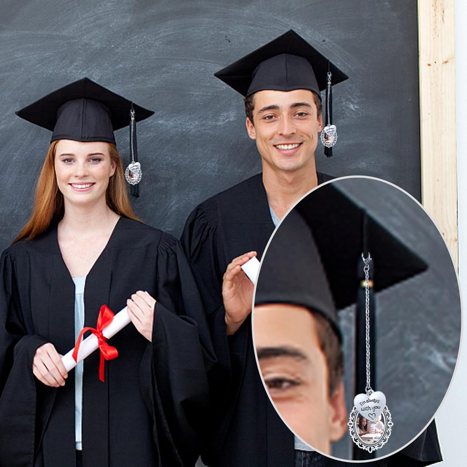 Class of 2024 Graduation Cap Photo Charm Antique Photo Charms I Always with You Memorial Ceremony College Gift DIY Grad Photo Chain with Glass Wear on Cap in Memory for Graduation