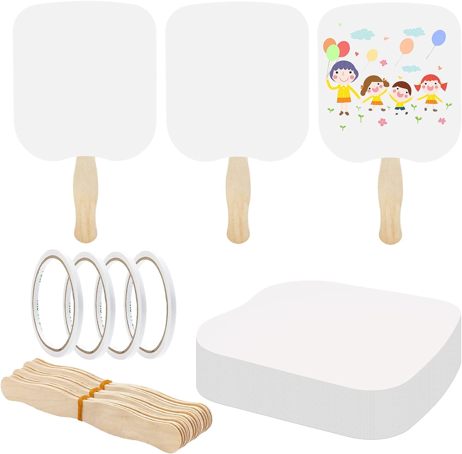 30 Pieces Church Fans Handheld Set, Including Fan Handle Craft Sticks Wavy Wooden Sticks, Blank White Cardstock, Double Sided Tape Church Fans for DIY Crafting Painting