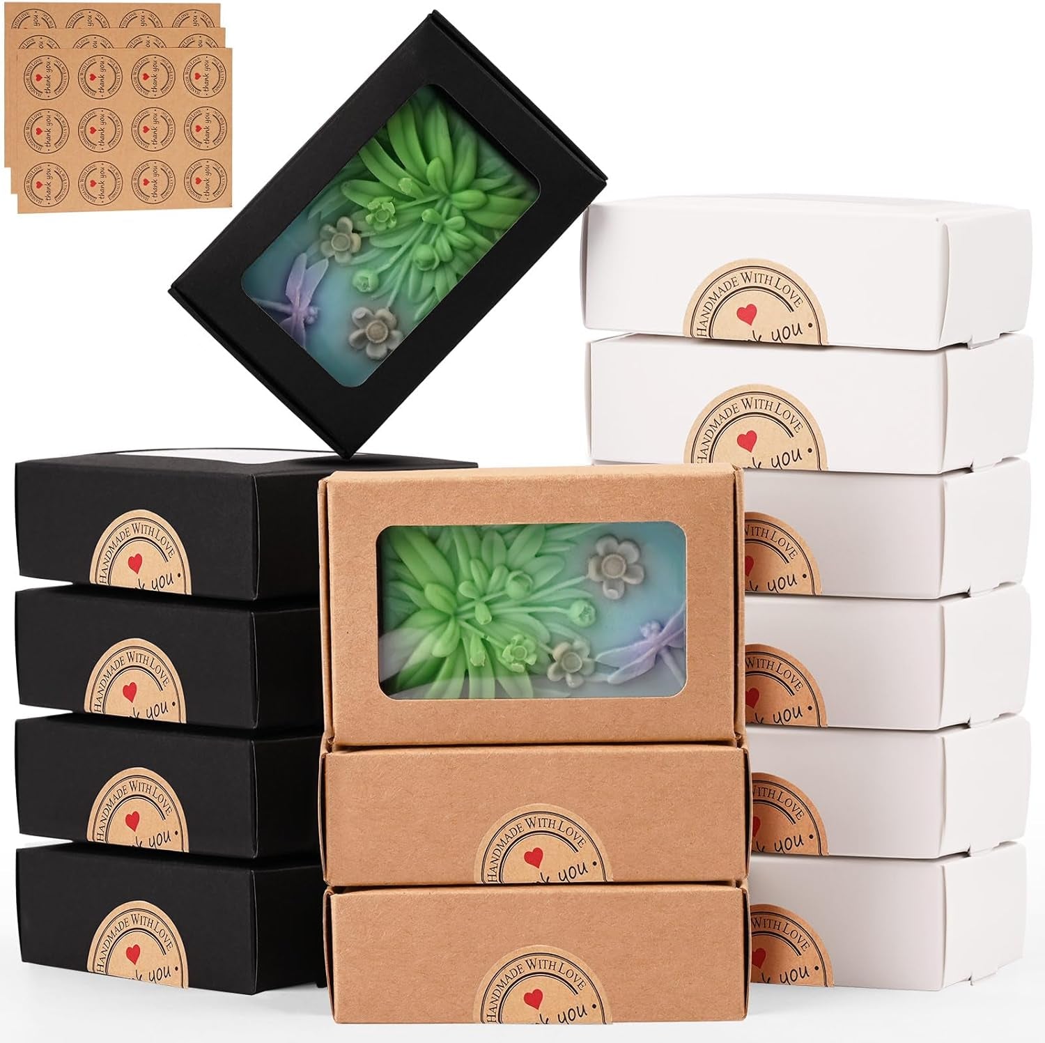 30 Pcs Soap Boxes for Homemade Soap,3.54 X 2.36 X 1.2 Inch Soap Boxes with Window,3 Colors Kraft Soap Packaging Boxes Supplies