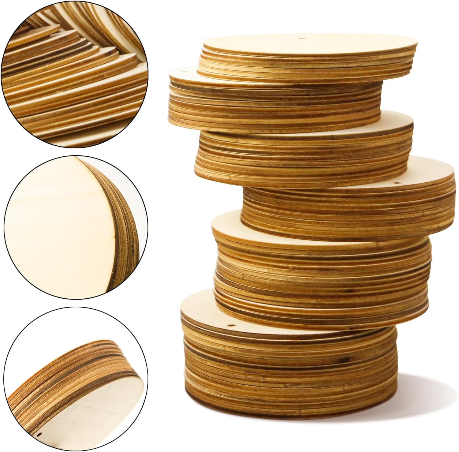 100 PCS 4 Inch Wood Circles for Crafts,Round Wood Discs with Holes, Wood Signs to Paint,Blank round Wood Tags for Ornaments,Unfinished Wood Crafts for Diy,Painting,Staining,Coasters,Home Decorations