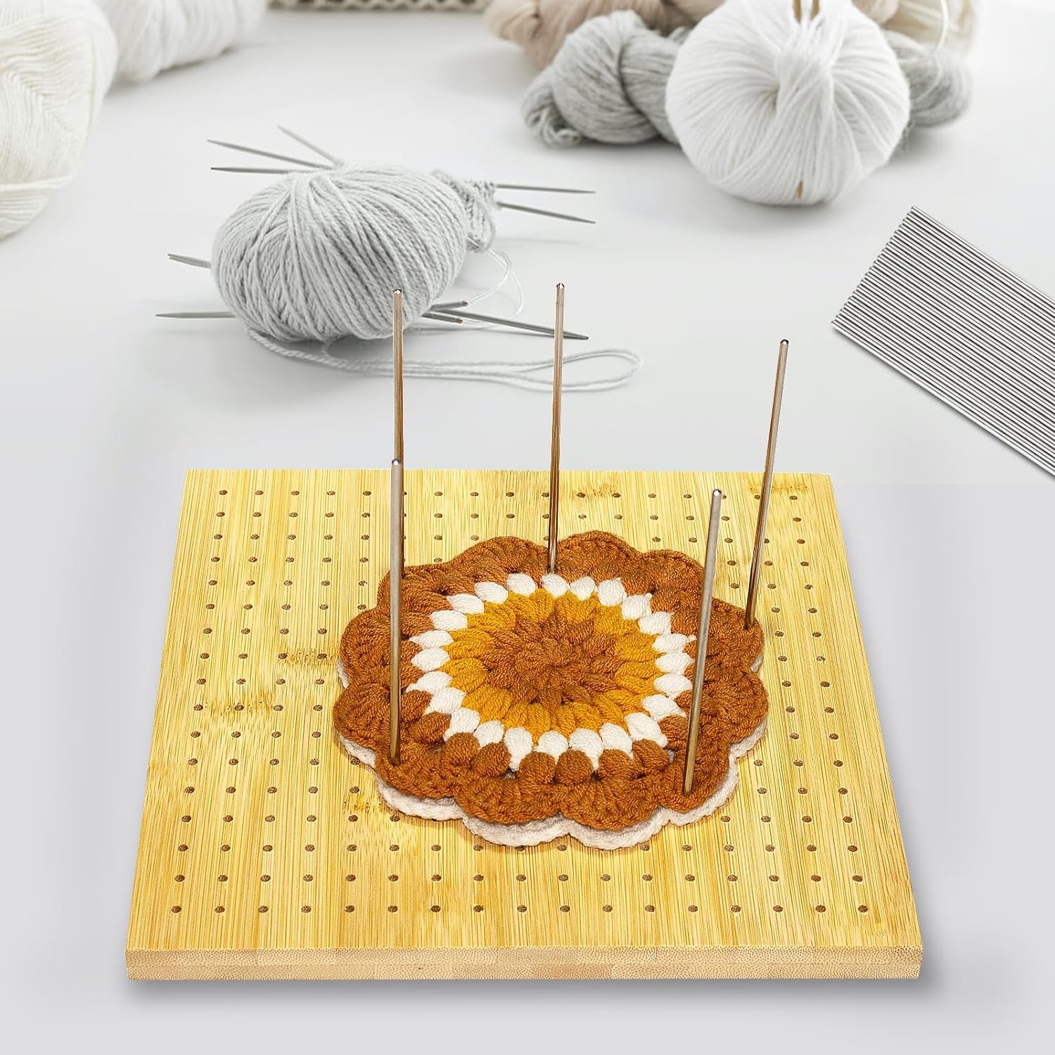 9 Inchs Crochet Blocking Board with 20 Pins, Handcrafted Knitting Blocking Mat for Knitting Crochet, Full Kit with 20 Stainless Steel Rod Pins, Gifts for Grandmothers, Mothers
