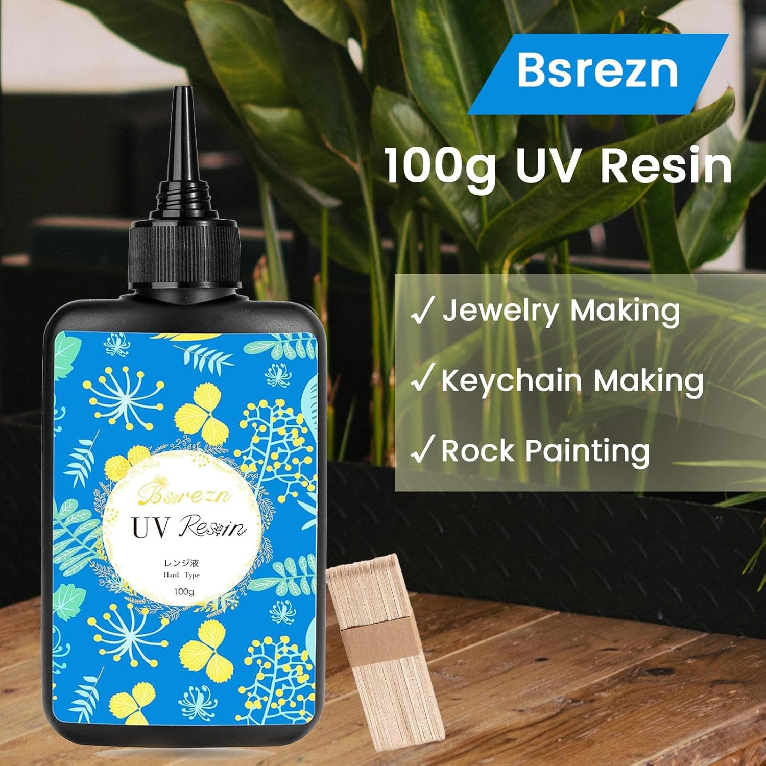 UV Resin Hard, Crystal Clear UV Cure Epoxy Resin Kit Premixed Resina UV Transparent Solar Activated Glue for Jewelry Making Fast Curing 100G with Wooden Stick