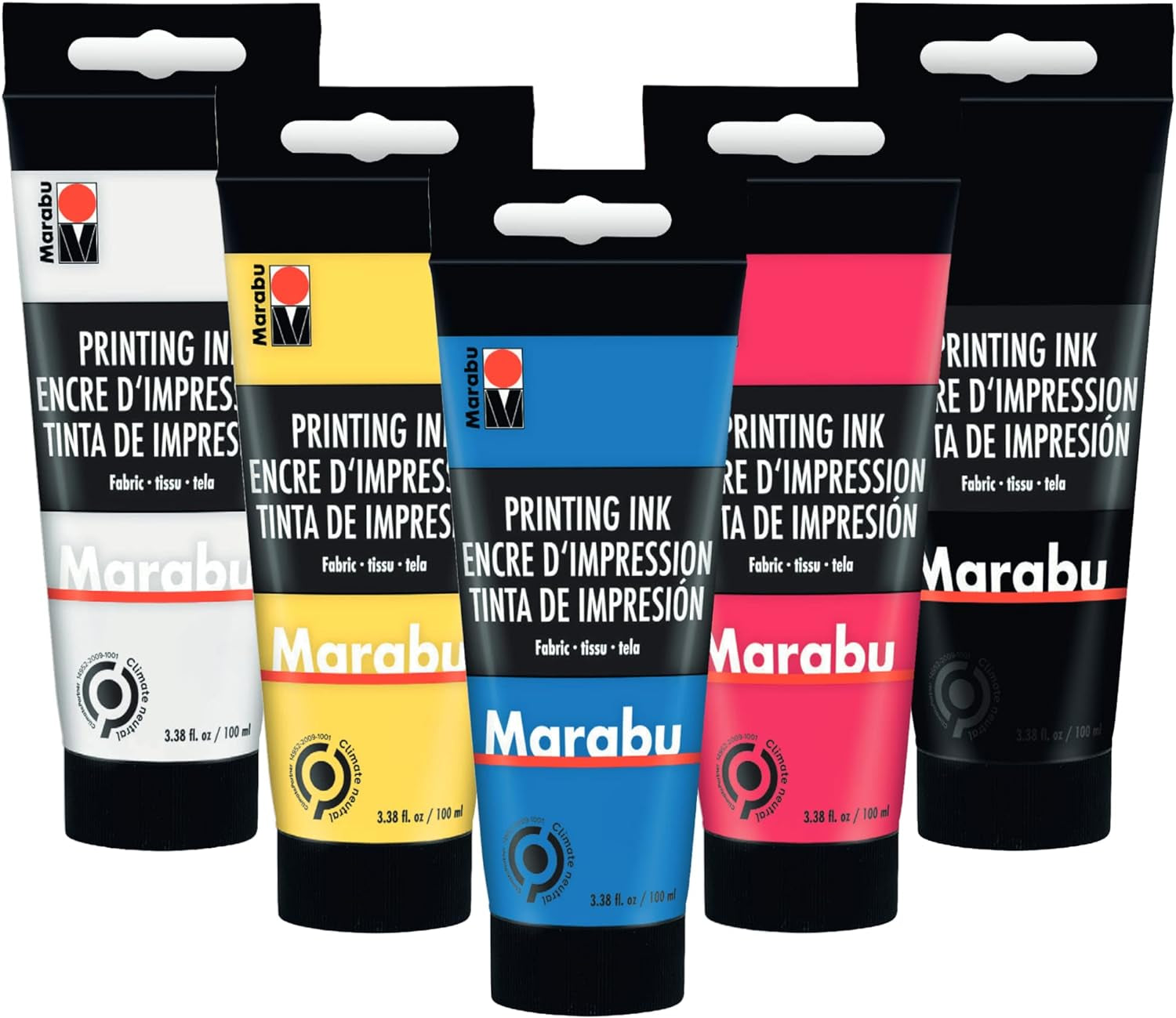Fabric Screen Printing Ink - Set of 5 Colors Water-Based Screen & Block Printing Ink - Primary Yellow, Magenta, Cyan, Buff Titanium Light, and Carbon Black Screen Print Ink - Large 100Ml Tubes
