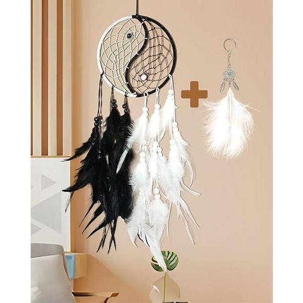 Handmade Tai-Chi Dream Catcher Black with Feathers and Beads - Approximately 50cm, Hangable Decor for Home &amp; Car, Unique Craftsmanship &amp; Symbolism - Ornaments, Hanging Circle Gift Decoration Traditional