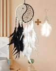 Handmade Tai-Chi Dream Catcher Black with Feathers and Beads - Approximately 50cm, Hangable Decor for Home & Car, Unique Craftsmanship & Symbolism - Ornaments, Hanging Circle Gift Decoration Traditional