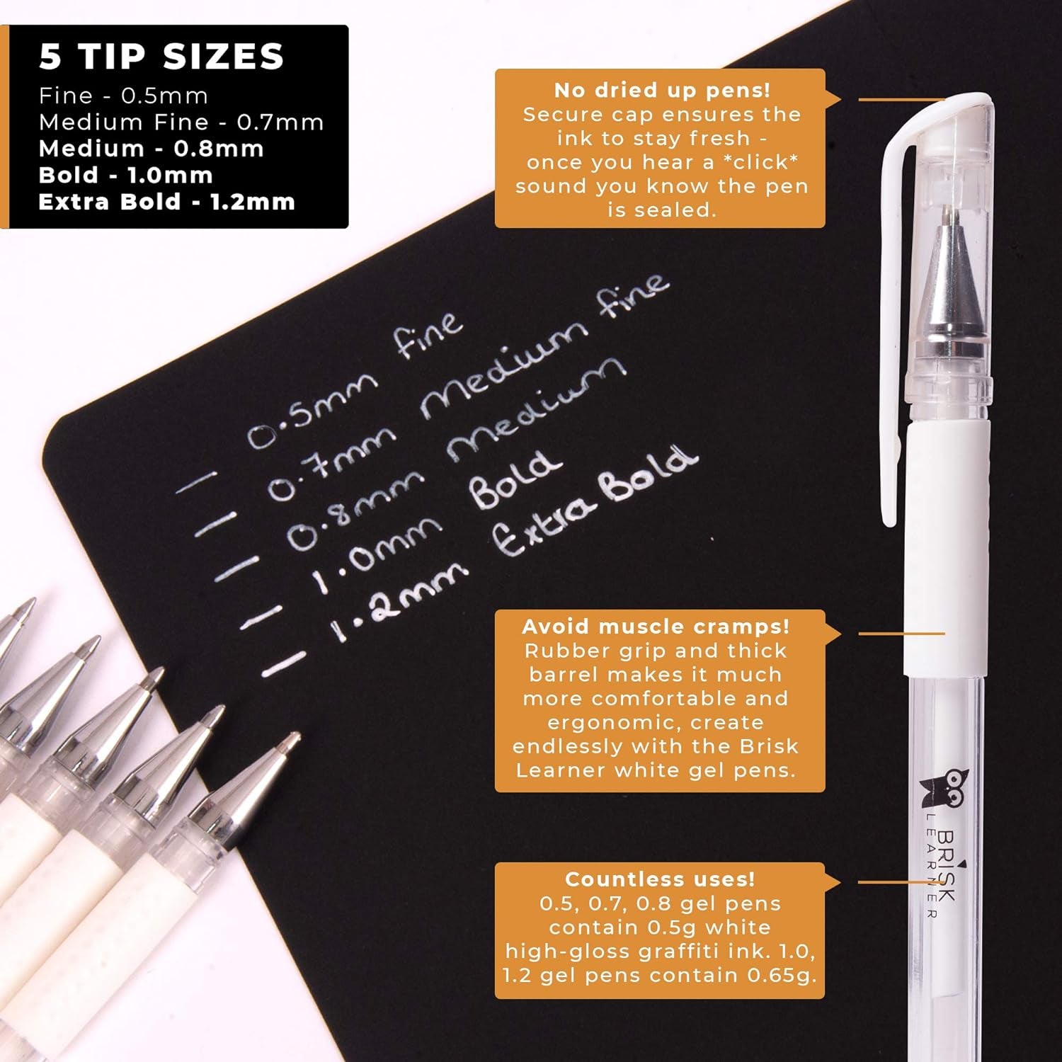 5 White Gel Pen - 5 Tip Sizes 0.5, 0.7, 0.8, 1.0, 1.2Mm for Art, Drawing, Journaling, Watercolor, Black Paper - White Graffiti Ink for Artists - Free White Pencil