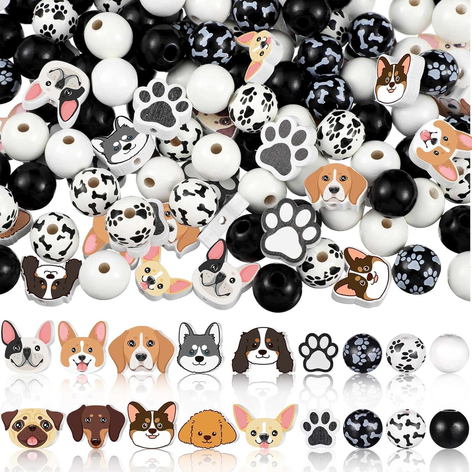 200 Pcs Dog Paw Bone Wooden Beads Puppy Paw Footprint Spacer Bead Colorful Paw Bone Print Wood Beads Black and White Craft Bead Jewelry Making Bubblegum Bead for Pet Charm DIY Home Decor Party