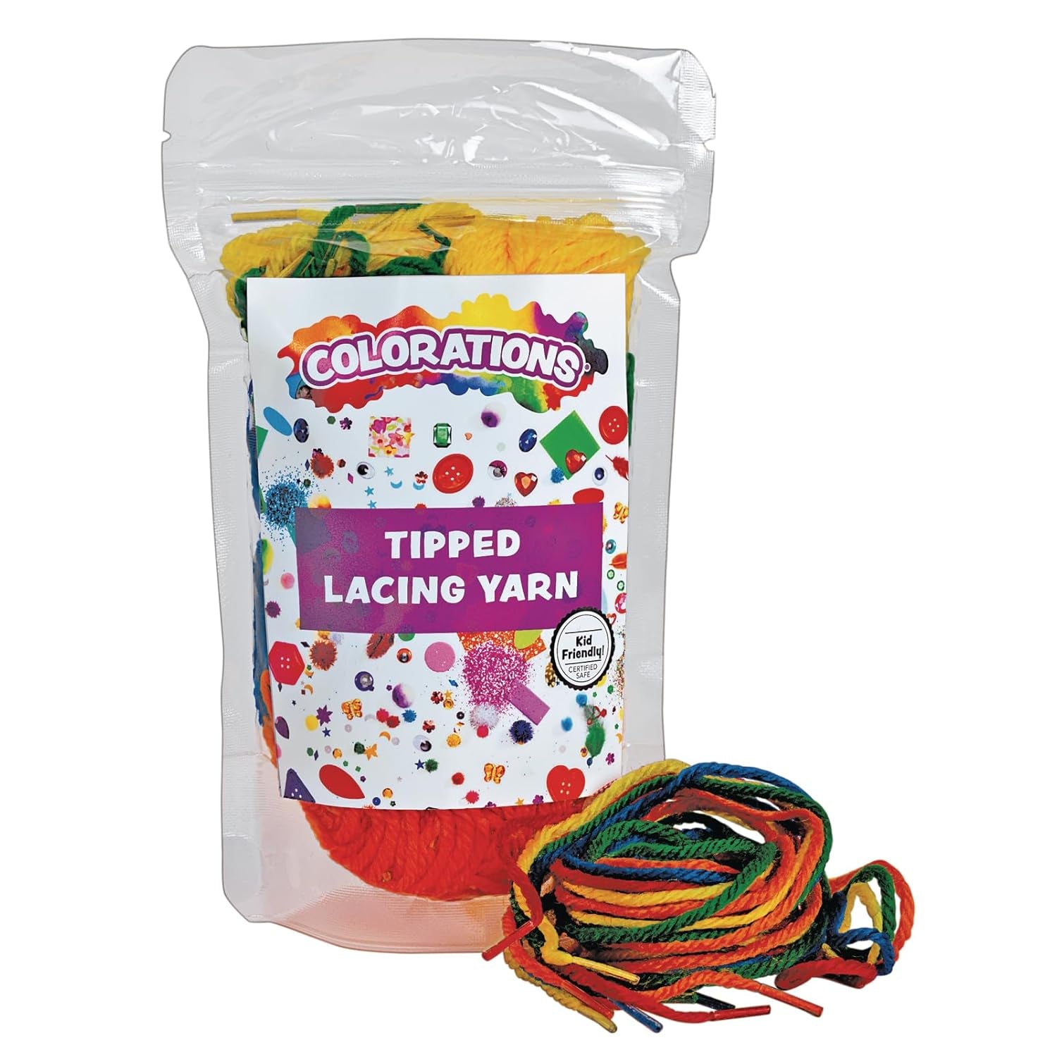 YARNTIP Tipped Lacing Yarn for Kids, 100 Pieces, Assorted Colors, 32 Inches Long, Weaving, Beading, Arts & Crafts, Jewelry, Motor Skills, Reusable, Stringing Activities