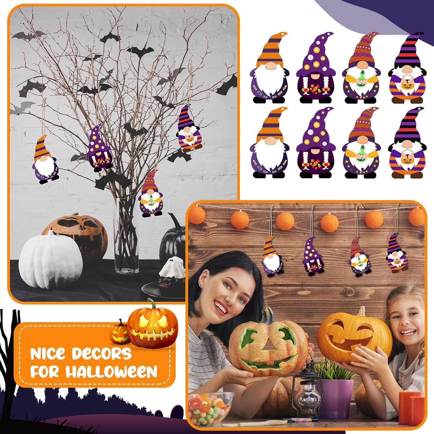 Halloween Unfinished Wooden Gnome Ornaments Include Blank Gnome Cutout Hanging Slices, Colored Marker, Bells for Kids Christmas Tree Craft Painting DIY All Festival(40 Sets)