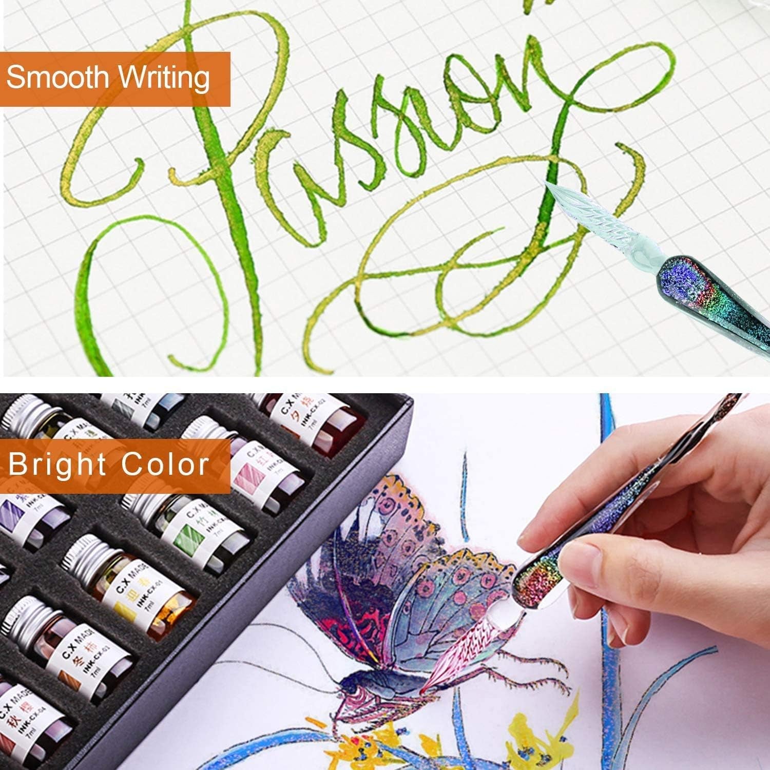 24 Colors Calligraphy Ink Set, Calligraphy Fountain Glass Dip Pen Color Ink Caligrapher Pen Ink Bottle Set, Gold Powder Drawing Writing Art Ink with Gift Box - 24 X 7Ml