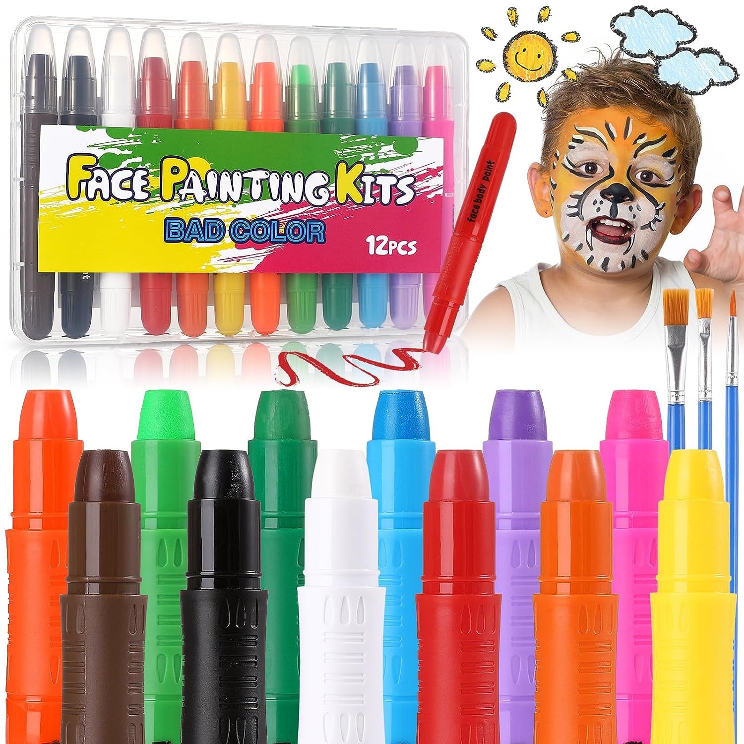 Face Painting Kits for Kids, 12 Colors Twistable Face Paint Sticks, 3 Type Brushes, Water Based Washable Face Paint Crayons Kit for Halloween Cosplay Makeup Body Paints for Children Adult