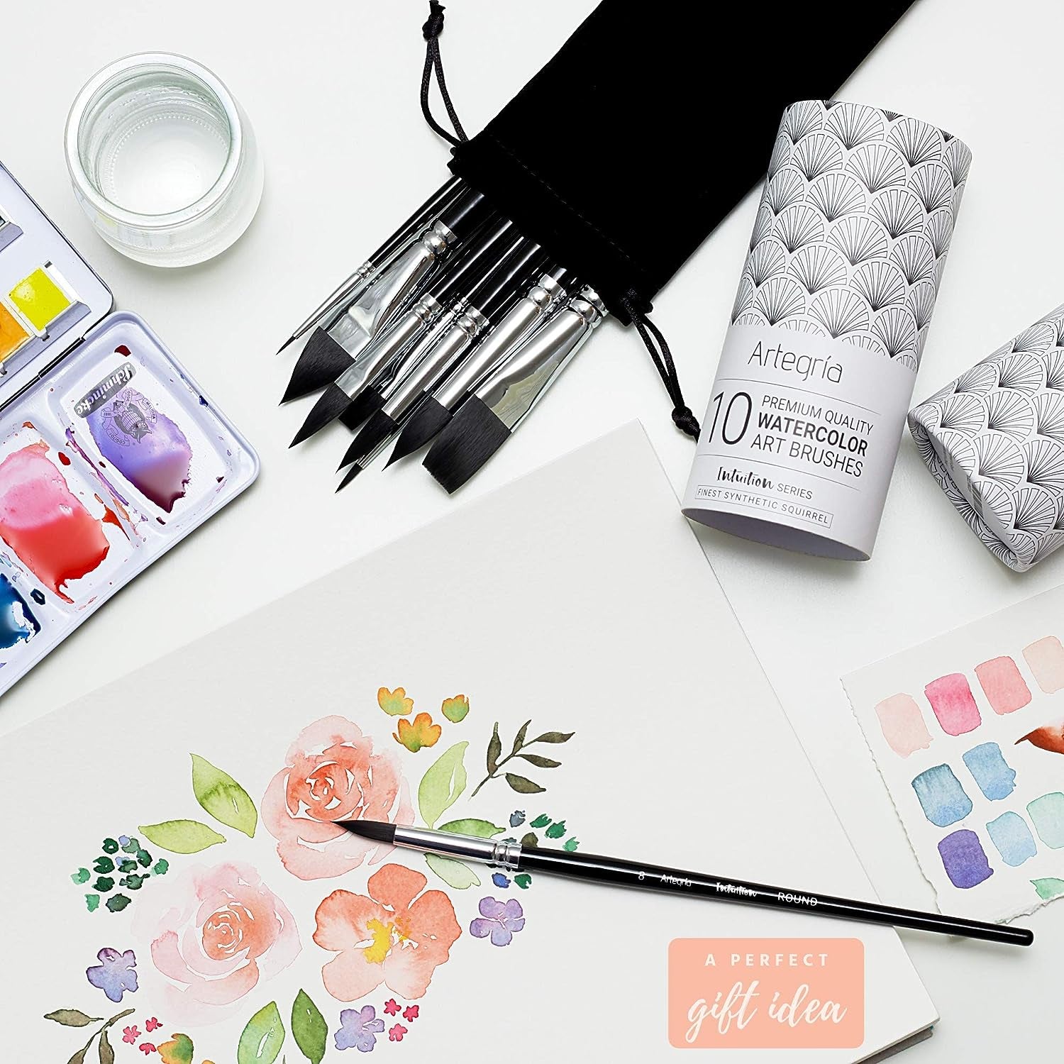 Watercolor Brush Set - 10 Professional Watercolor Paint Brushes for Artists; Soft Synthetic Squirrel Hair - Including Pointed Rounds, Flats, Dagger, Oval Wash for Water Color, Gouache, Ink