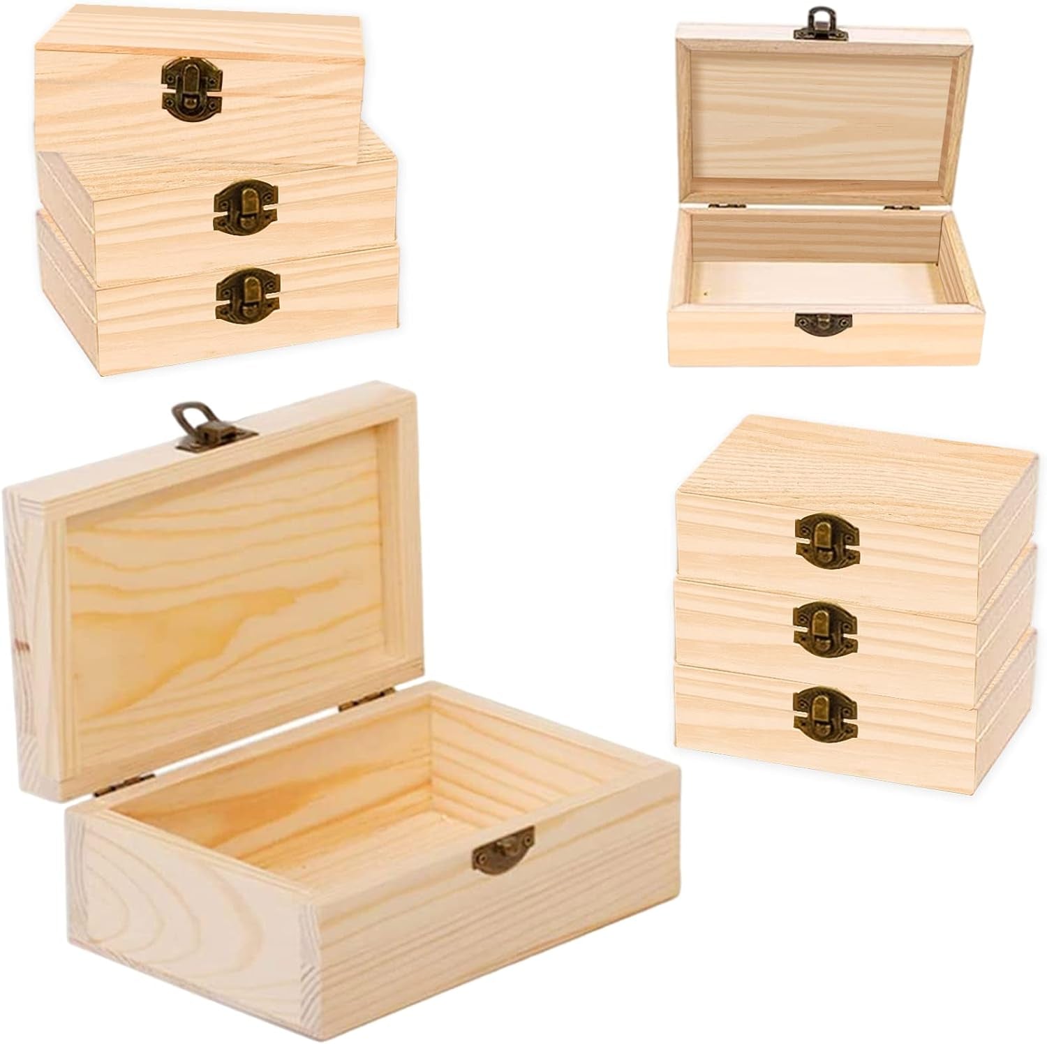 Unfinished Wooden Box with Hinged Lid, 4 Pcs- 6"X3.8"X2" Wood Boxes Bulk for Craft, Make Your Own Gift, Jewelry Pin Box