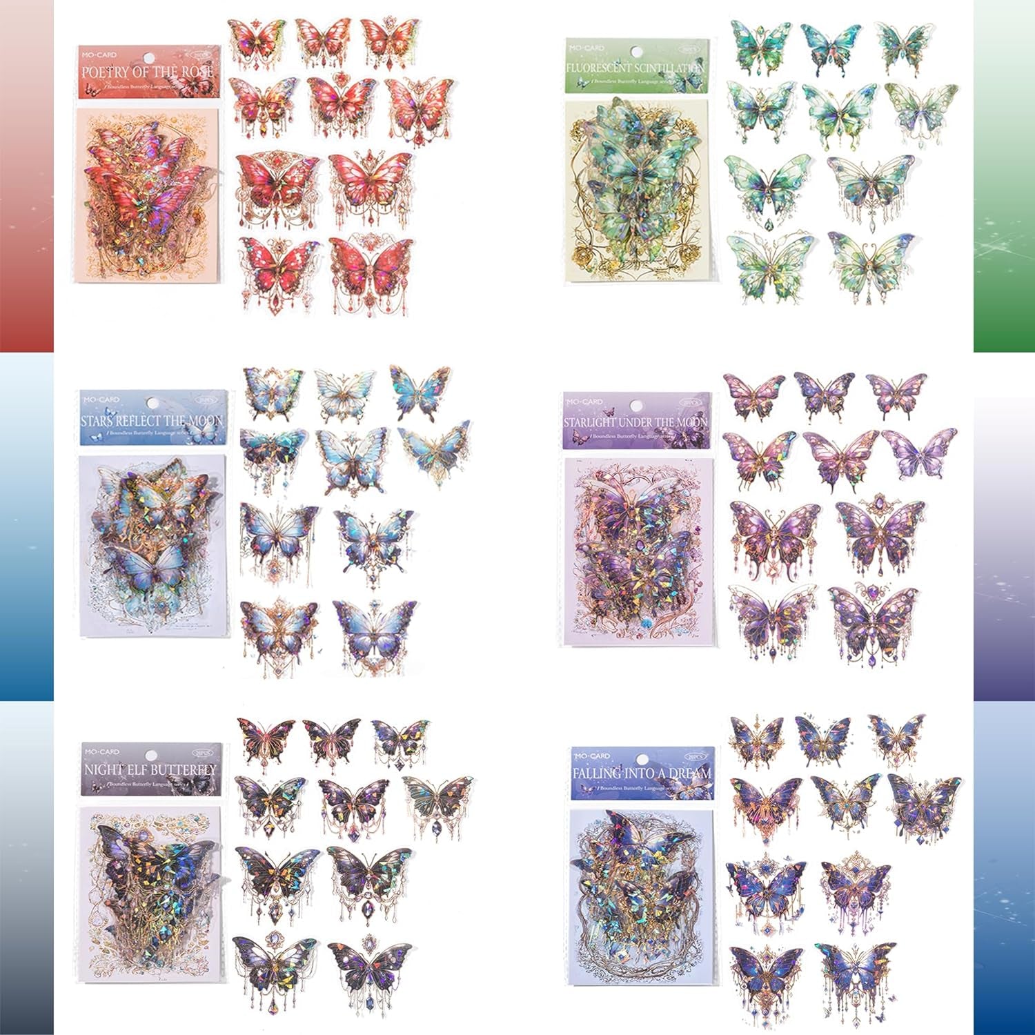 Butterfly Stickers Set (120 Pieces with 6 Themes)-Gorgeous Crystals Holographic Transparent Resin Waterproof Sticker Decals for Scrapbook Supplies Junk Bullet Journals Laptop Crafts Decor