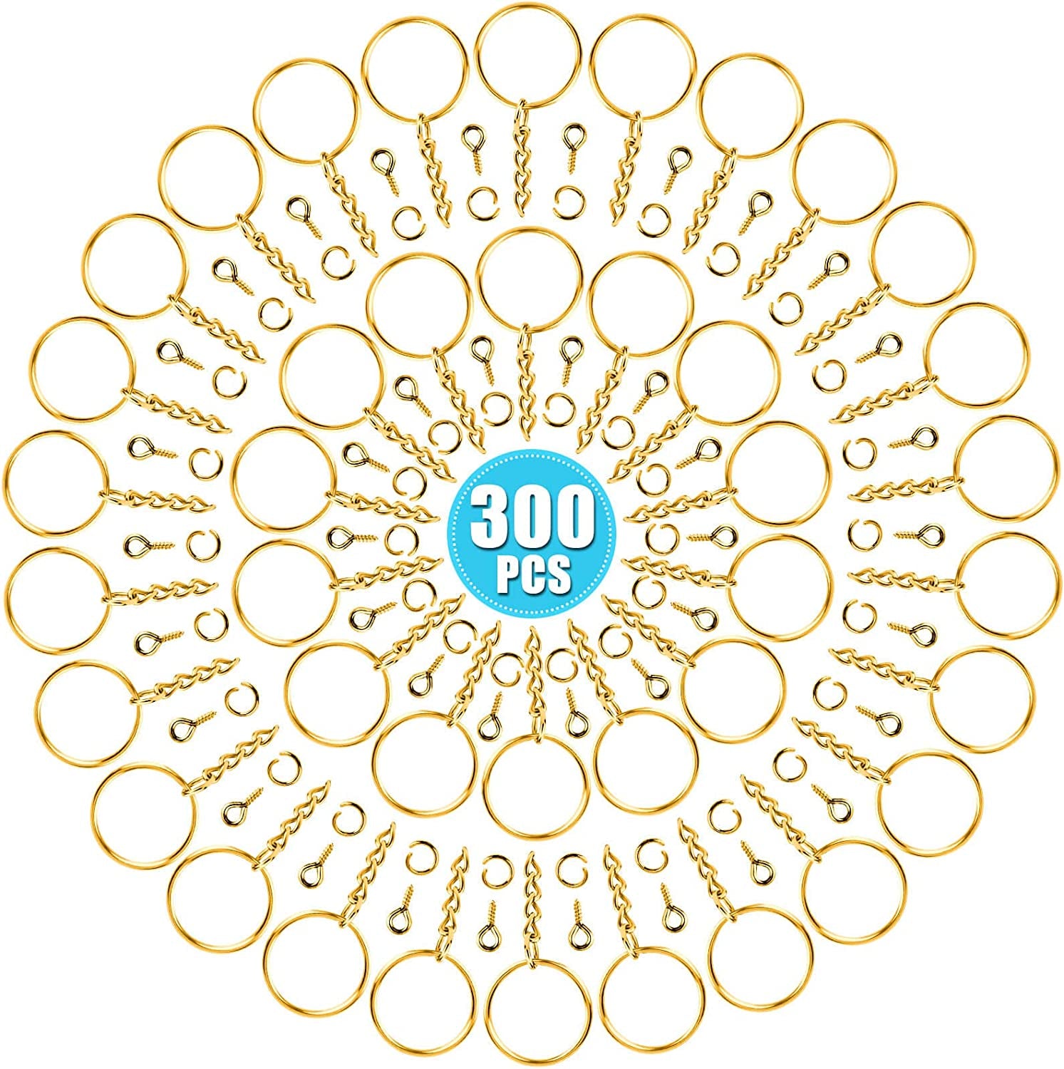 Keychain Rings Kit for Crafts Gold,  Includes 100Pcs Split Key Ring with Chain, 100Pcs Jump Rings and 100Pcs Screw Eye Pins for Resin Keychain Making