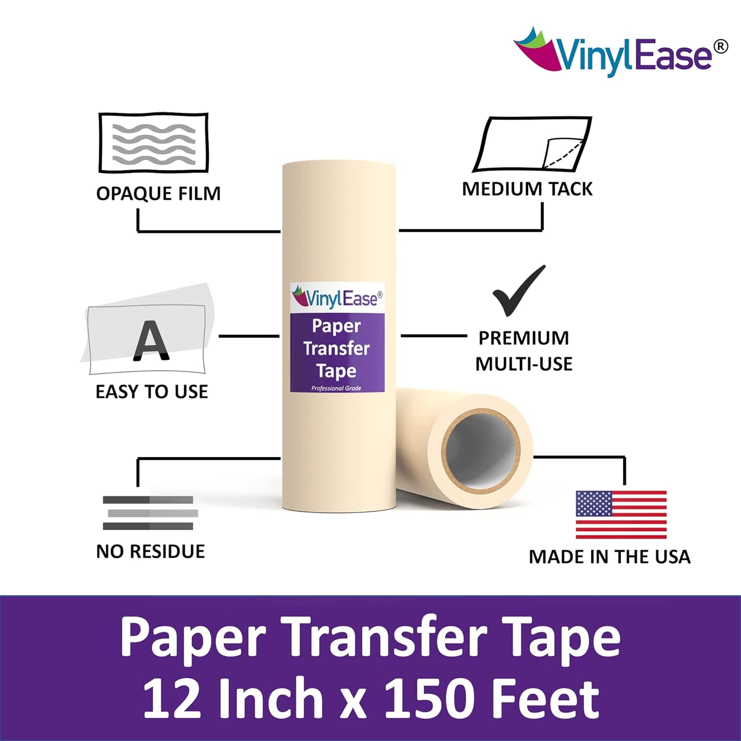 12 Inch X 150 Feet Roll of Paper Transfer Tape with a Medium Tack Layflat Adhesive. Works with a Variety of Vinyl. Great for Decals, Signs, Wall Words and More. V0844