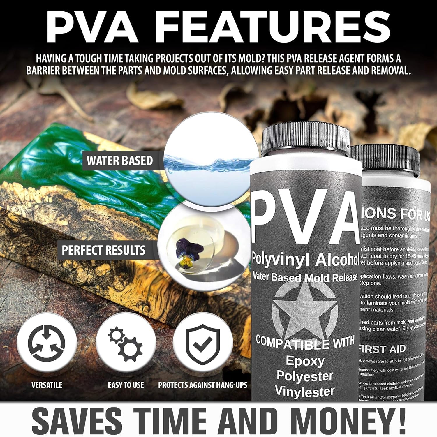 PVA Water Based Mould Release - Polyvinyl Alcohol Agent for Epoxy, Polyester, Vinyl Ester, Resin, Gel Coat, Polyurethane Foam, Silicone-Spray or Brush-On Film for Sculpture and DIY Projects