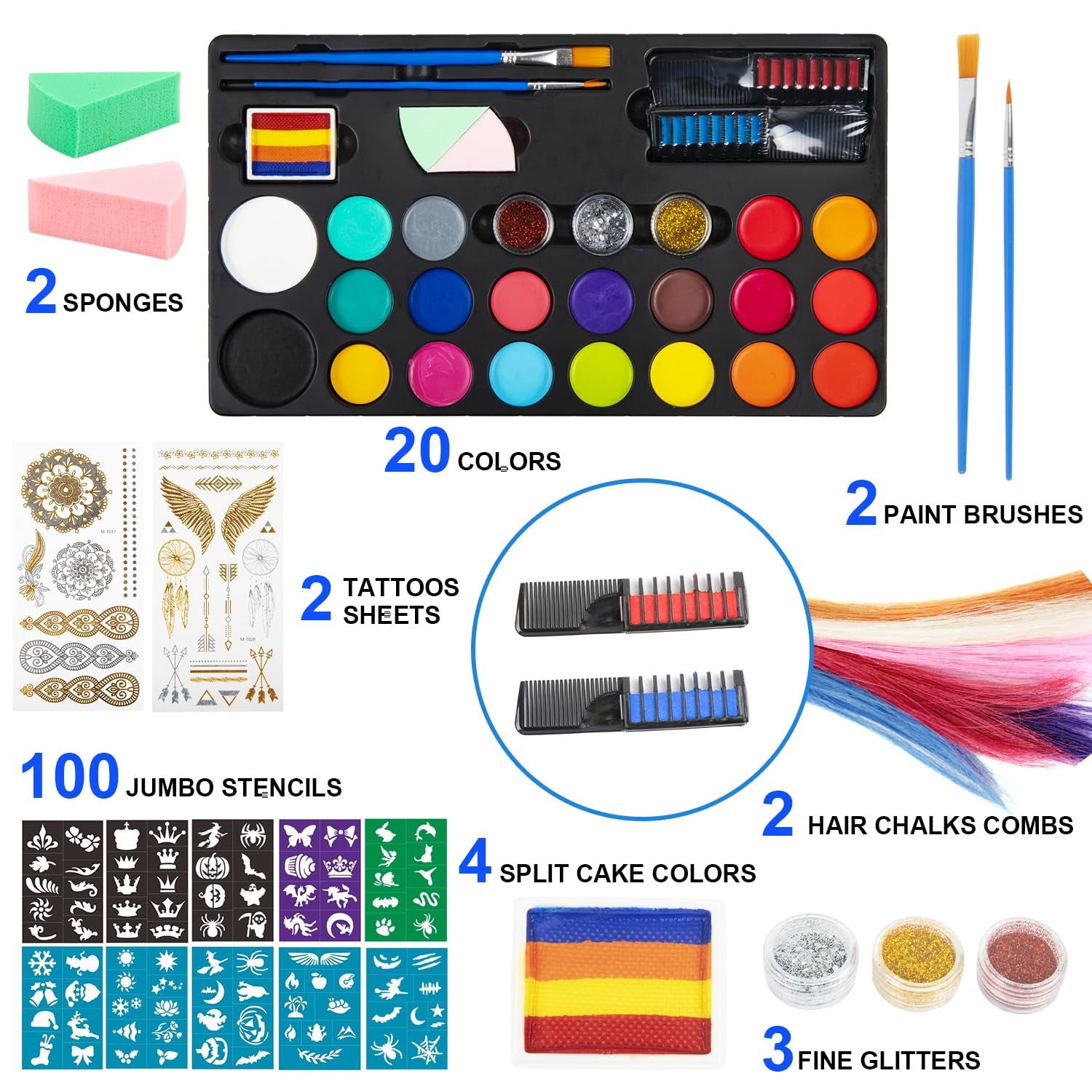 Face Painting Kit for Kids 20 Water Based Non-Toxic Sensitive Skin Paints 100 Stencils 3 Glitters 2 Hair Chalks Combs 2 Tattoos Sheets Face Painting Book Safe Professional Face Paint Kit for Kids