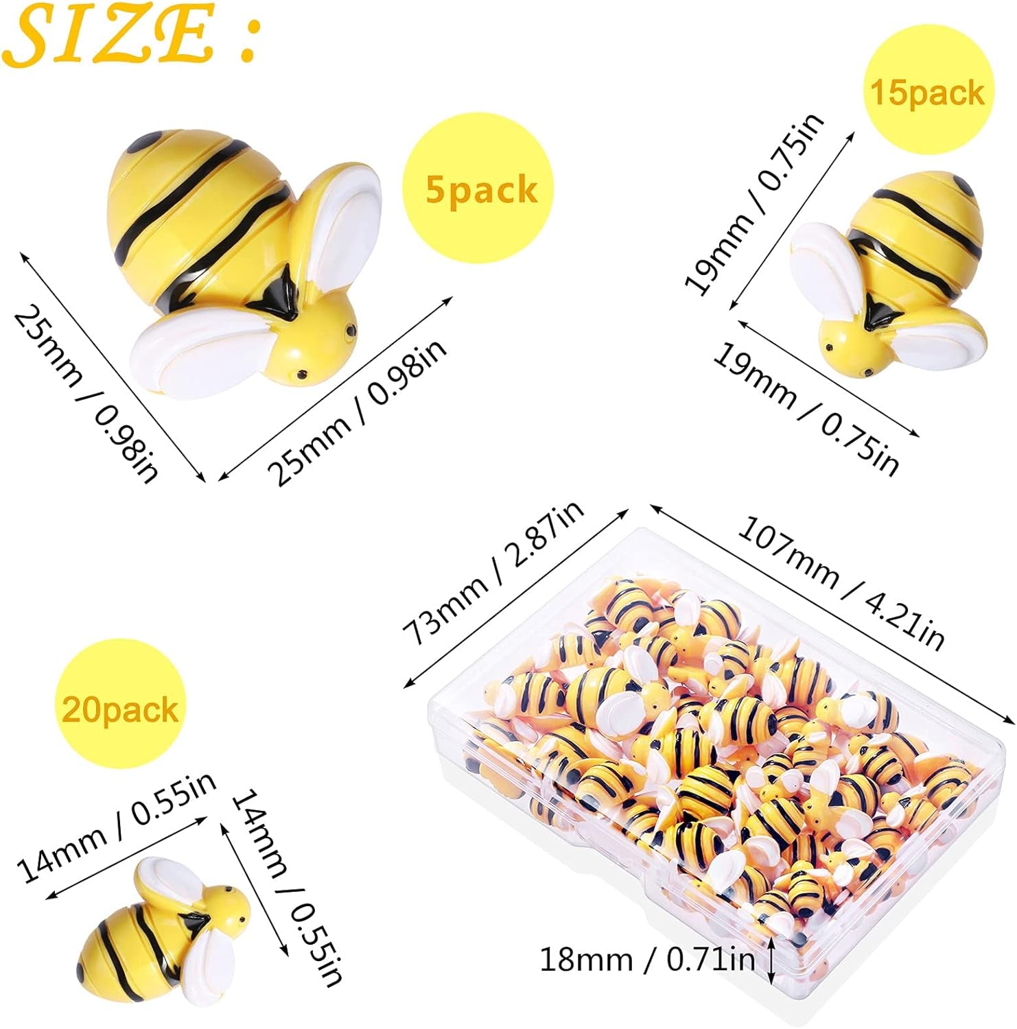 40 Pcs Tiny Resin Bees Decor Bumble Bee Embellishment Resin Bees Craft Decorations with Storage Box for DIY Craft Wreath Scrapbooking Party Home Decor, 0.98 In, 0.74 In, 0.55 In