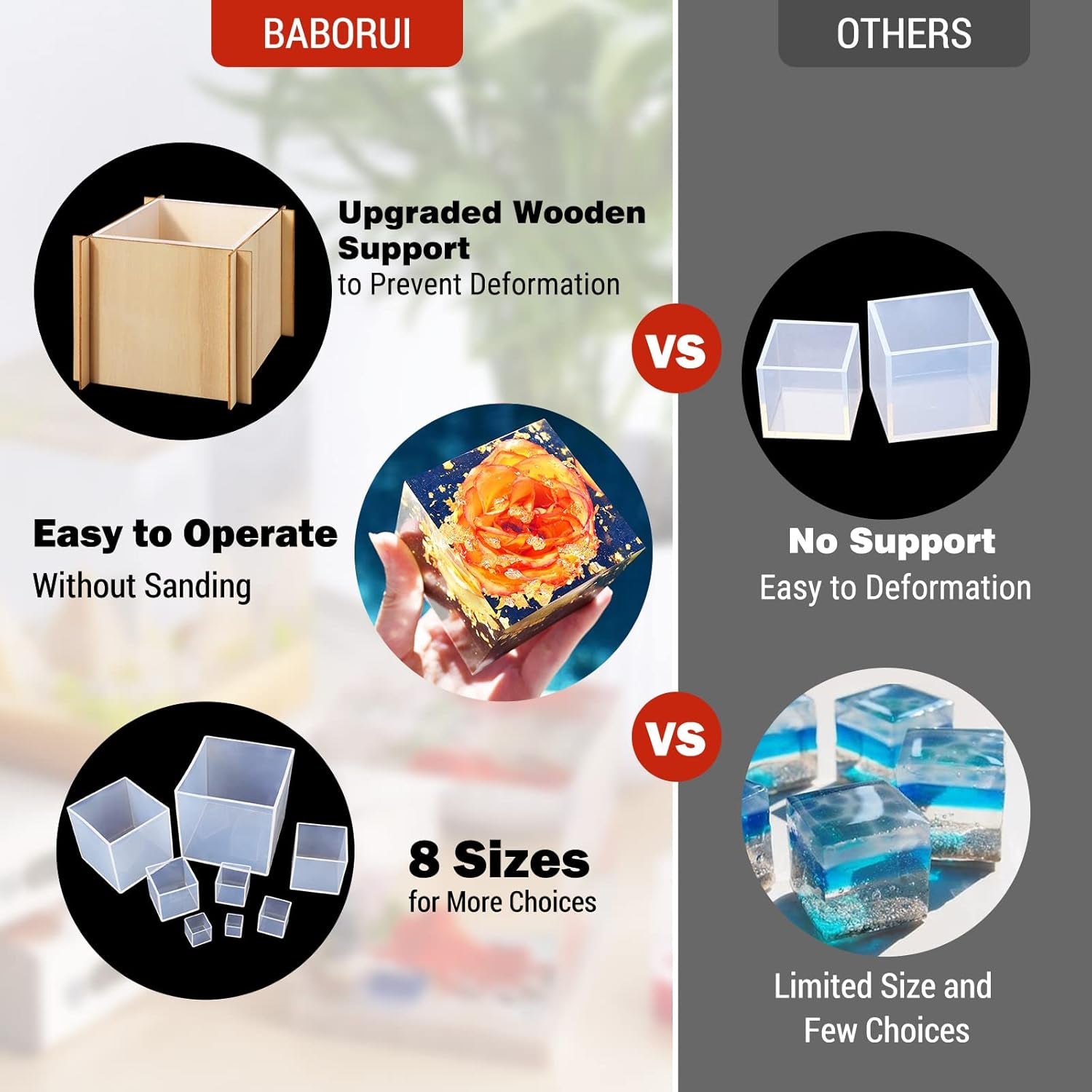8Pcs Large Square Resin Molds Silicone, Upgraded Cube Silicone Molds for Resin Casting with Wooden Support, Square Epoxy Resin Molds for Home Decor, Flowers Preservation
